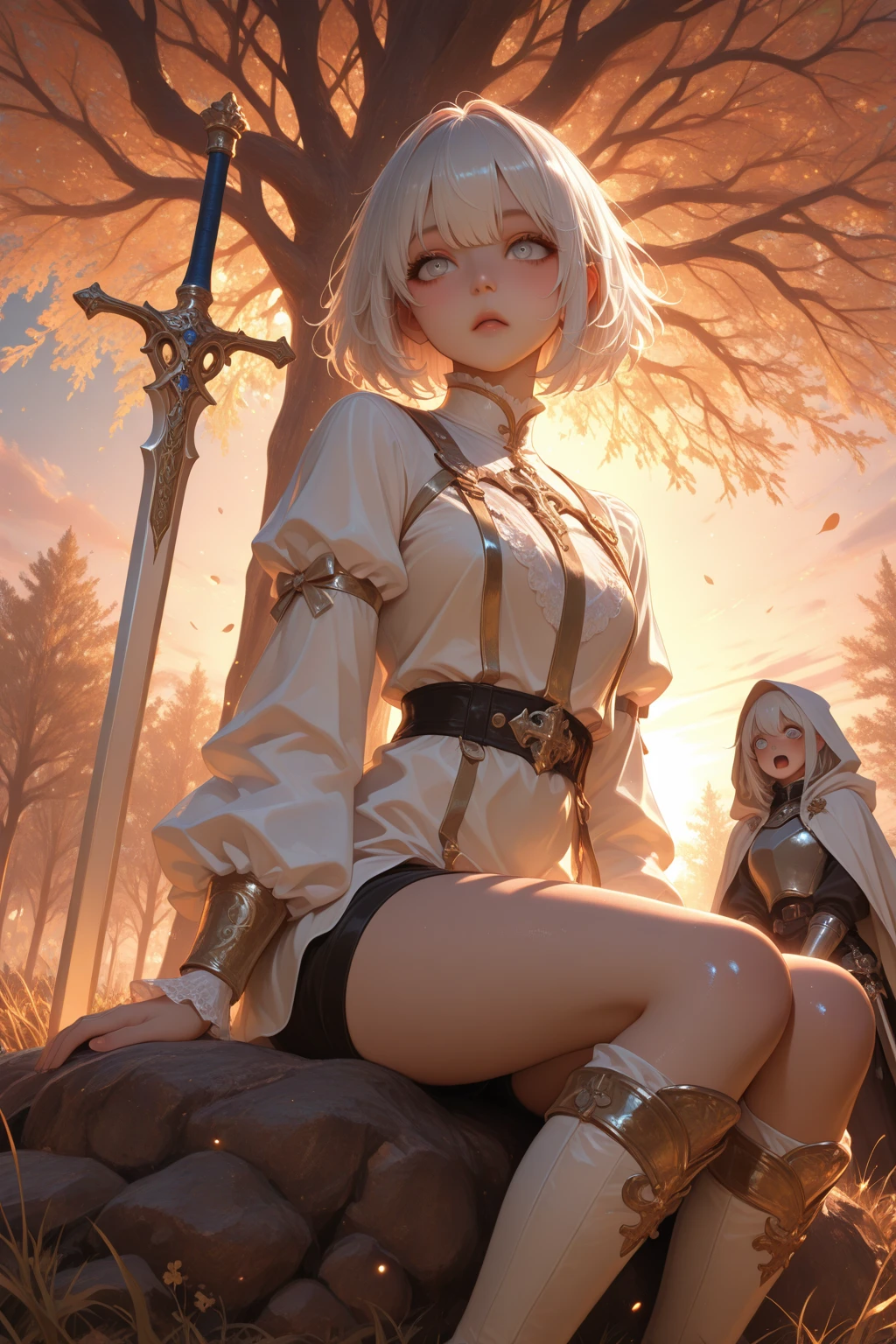  ((slim)), Solitary, Looking at the audience, Practical, night, Sunlight, cloud, in the sky, cloud, Practical sun light,, detailed, Upper Body, sit, beautiful blonde girl, 16 years old, very detailed face, big bright blue eyes, shiny blonde curvy hair , small face, glowing skin, highlighter, white skin, radiant skin, round face, photorealistic, highly detailed, 8k, realistic, hyper detailed, natural lighting, cinematic, digital art, fantasy, elegant, beautiful, a headlace over her forehead. She wears brown long boots over her knees and white priestess robes and chainmail underneath it,short skirt,sexy body