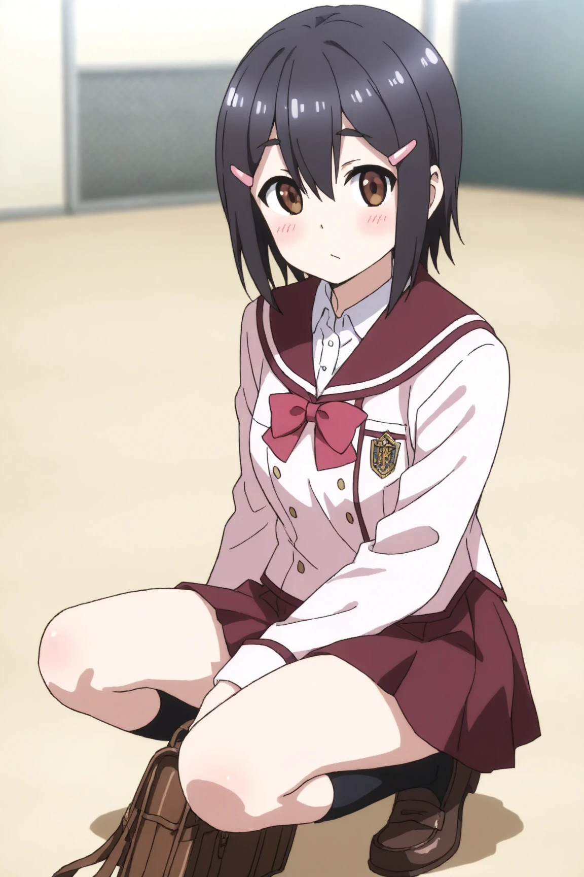 [anime styled]],[[digitalart]],1girl,solo,(portrait),from above,Tomomi_saikyou,black hair,Short hair,bob cut,hair ribbon,midium build,1girl in,short torso,anime screen cap,cel shading,smile, blush,(strong light),((brighten the subject)),classroom,(chair),(sitting),shirt,short sleeves,summer uniform,skirt,((upskirt)),((skirt lift)),((tucking up the skirt)),(light green panties)