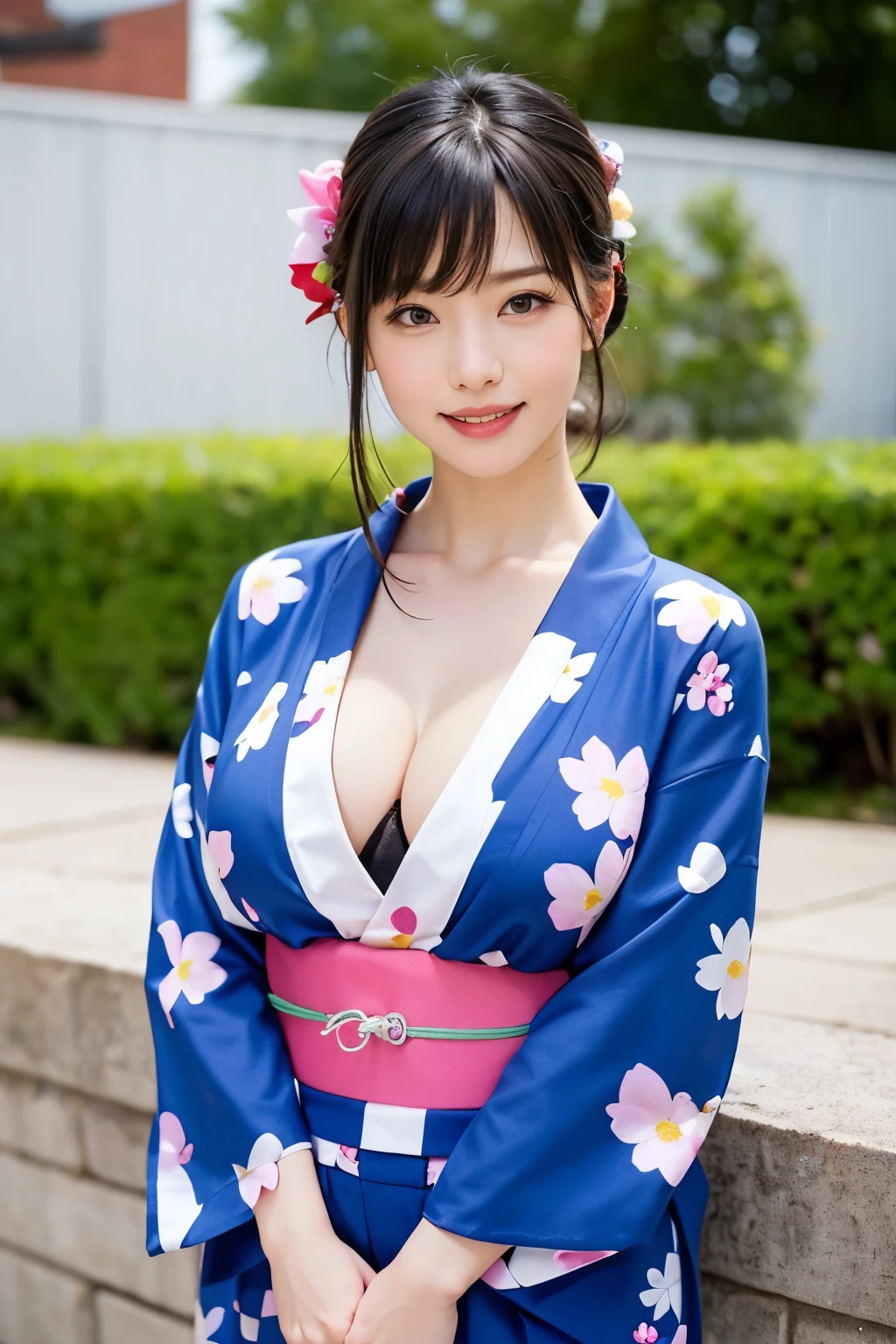 （8k、Raw photography、highest quality、masterpiece：1.2),(black haired、very short hair:1.8),(short twin tails:1.4)、show viewer,Looking at the front,erotic,white skin,(Wearing a kimono with a colorful floral pattern:1.7)、()、(Clothing that emphasizes the shape of your chest、publish one&#39;Skin:1.8)、(big breasts :1.4)、slim body shape、ultra high resolution,beautiful,beautiful fece,(alone, no background:1.9),whole bodyボディー,japanese woman,（Photoreal：1.37）、photon mapping,reality、(Baby-faced and cute: 1.2)、(cute smile: 1.7)、(With a round face: 1.8)、radio city、Physically based rendering、depth of field rally background、photograph, (I can see your knees,close up of thighs:1.4),whole body、super fine
