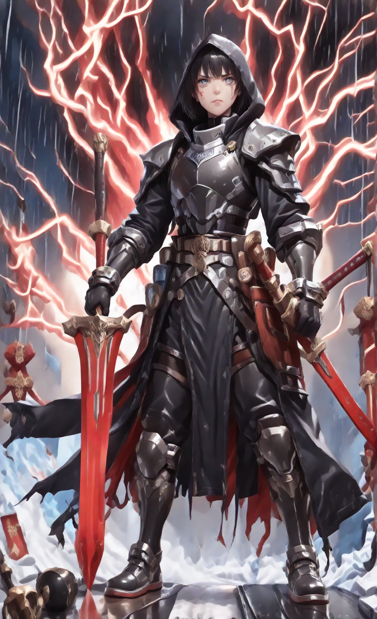 (masterpiece:1.3, 8k:1.3, Highest Quality:1.3, detail:1.3, high resolution:1.3, Anime The Movies of Sci Fi Samurai, ultra detailed),
highly detailed eyes and face, Details clear, Full body, Full Body view, A female warrior with short black hair, a stern face, bleeding from cheeks, glowing Pale White eyes, wearing Cyber samurai armor, hurling a Katana sword forward., sharp red glowing swords, Heavy rain, lightning, The background is a battlefield in the midst of a storm, ((Large Great Sacred Sword : 1.6)).