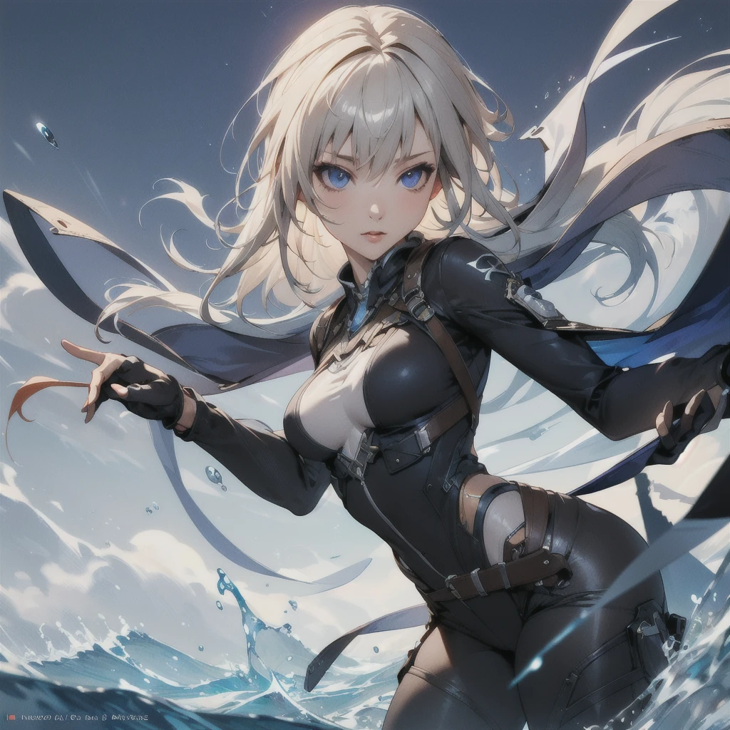 ((masterpiece,High resolution,8K quality,Highest quality)),One Girl,((Highly detailed face))Delicate eyes,((Hairstyle on:Wave Semi-Long,白髪とSilver Hair,Hair turns silver when exposed to light)),Smiling graciously,Natural skin color,Summer cheerfulness,Reflective water surface,Big ample breasts,Light of the sun,((Water brilliance,White sand beach,))、Shining Eyes、Silver Hair、Beautiful light blue eyes、ponytail、The cutest in the world、Smiling but with a small mouth、high school student、Long Hair、The hair is very fine、A little transparent、Miraculous Beautiful Girl、The Lonely Princess、Height: 170cm、long hair、Mechanical Wing、A diamond-shaped ring is floating above his head、cyborg、He has a big scythe、Combat Mobile、Cool equipment、Get rid of the haze、Beautiful standing posture