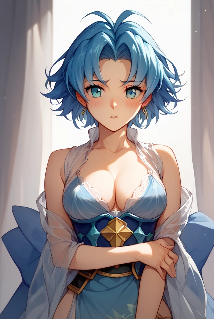 masterpiece, best quality, 1girl, bangs, bare_shoulders, black_hair, blue_background, big breasts, cape, cleavage, collarbone,green dress, gloves, gradient, gradient_background, hair_bun, hair_ornament, hair_stick, jewelry, mole, necklace, smile, solo, thighhighs,upper body, arms behind back <lora:LightLine-000010:0.6>, <lora:Hanying:0.5> ,<lora:PB-000014:1>,