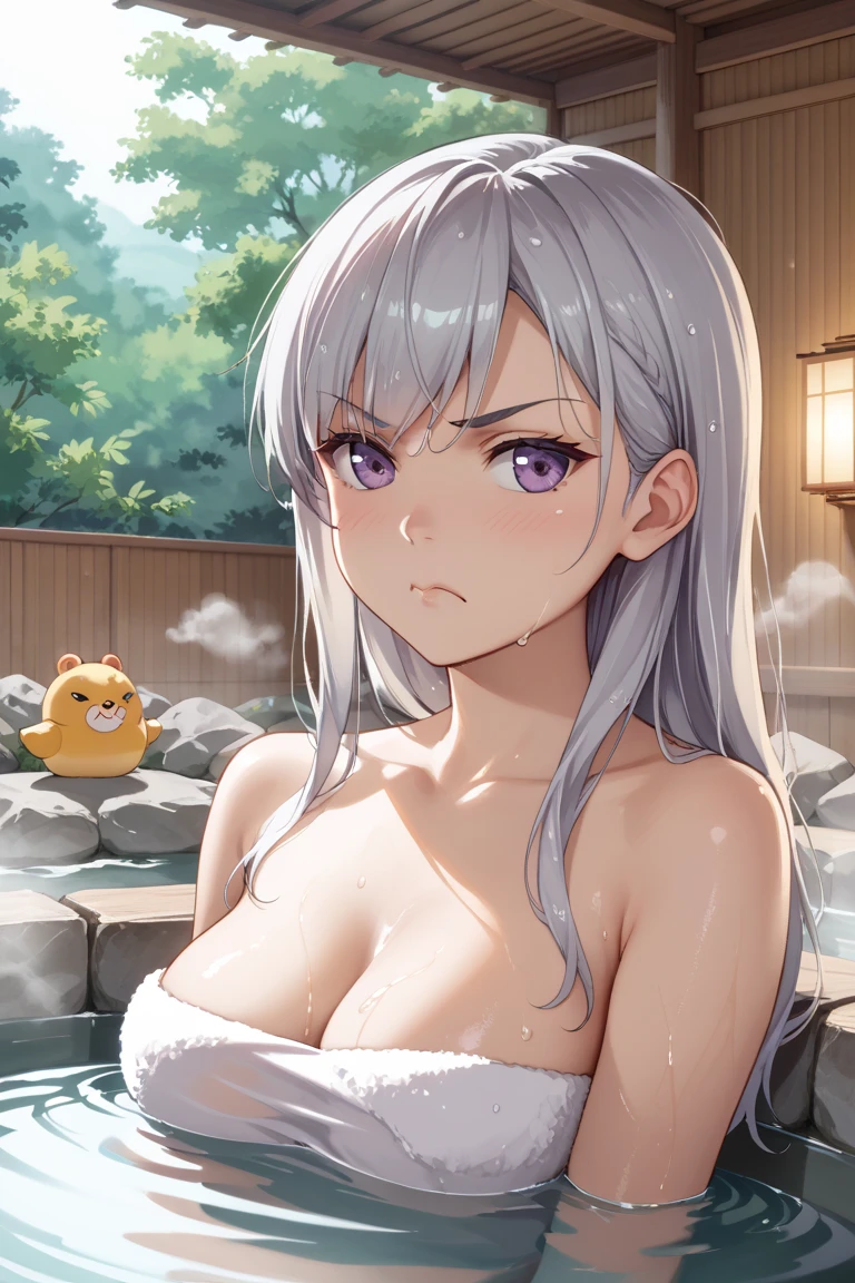 1girl, white hair, purple eyes, portrait, realistic,(onsen), sidelighting, wallpaper, nsfw,nude,Long hair,((shy)) ,<lora:koreanDollLikeness_v15:1>