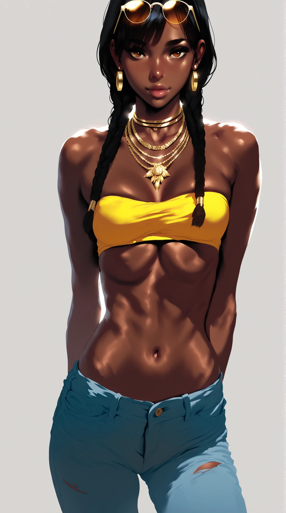 The most beautiful and  punk rock girl, rainbow hair, yellow eyes, dark skin, wear a hoodie, Graphic T-shirt and torn skinny jeans, tons of tattoos and piercings, perfect masterpiece, high quality, High resolution