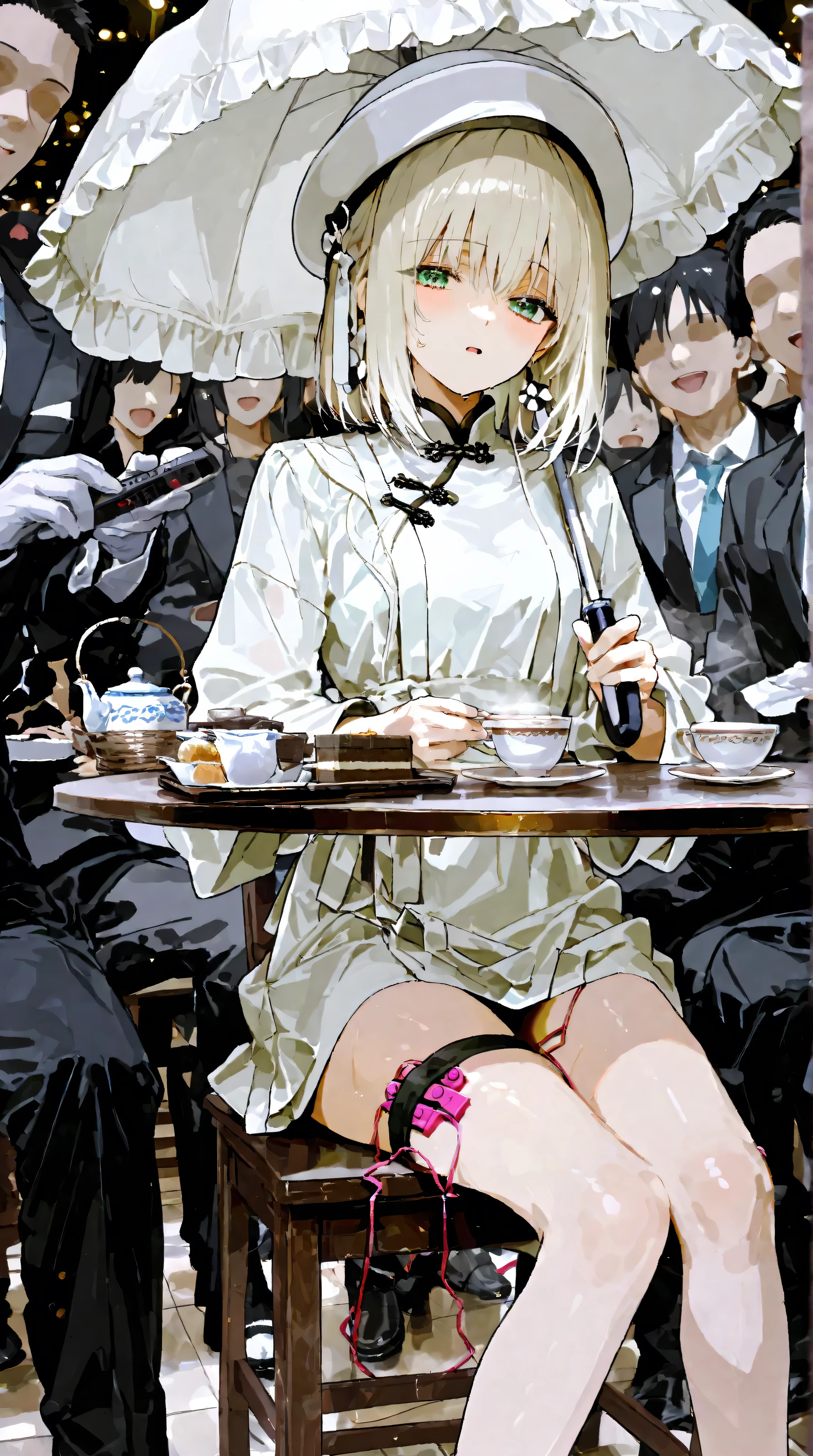multiple people、Tea Ceremony、neat dress、noble white hat、everyone sitting on chairs、 parasol、tea and sweets on the table、I am the spectator of the stage show、remote vibrate、Intense Orgasms、Amazing squirting