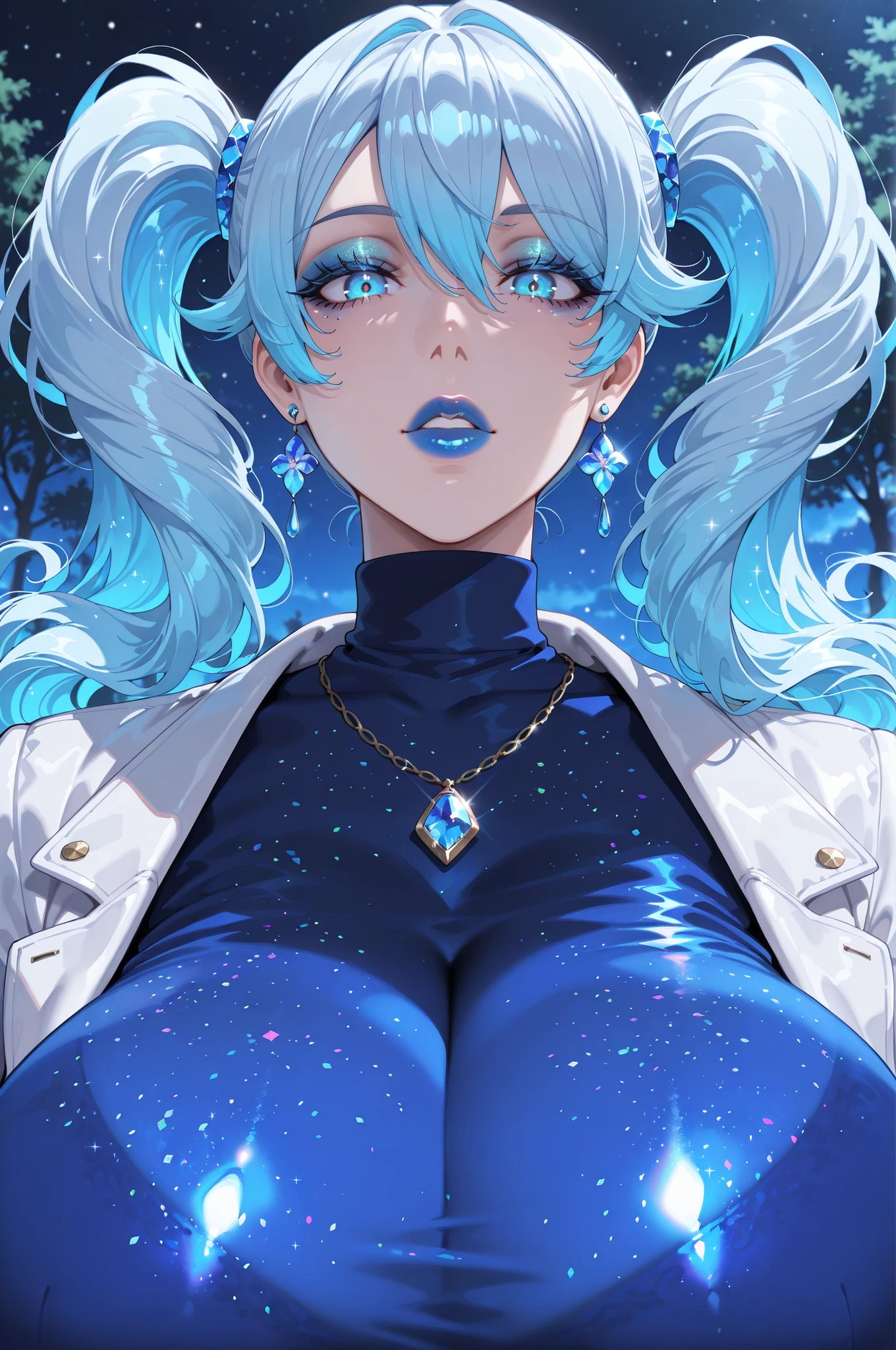 face closeup, glitter, voluptuous, sexy woman, very long curly hair in long curly pigtails, icy blue hair, icy blue eyes, icy blue eyeshadow, blue eyelashes, blue clothing, blue lips, blue earrings and necklace, gigantic breasts, turtleneck and jacket, looking at viewer, puffy lips, iridescent colors, flowers, trees, sky, detailed background ,