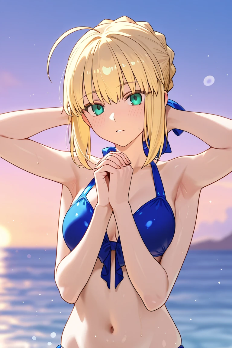 best quality, masterpiece, highres, solo, {saber_fatestaynightufotable:0.90}, {night:1.10}, {starry sky:1.10}, beach, beautiful detailed sky, {extremely detailed background:1.20}, {standing:1.10}, looking at viewer, {bikini:1.30}, light smile