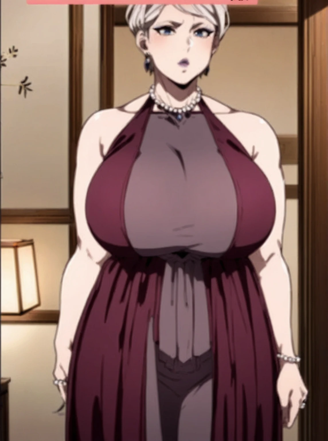 masterpiece, high quality, best quality, 1girl, (muscular:1), muscles, abs, biceps, thighs, obliques, abs lines, naval, thighs, fit, (super gigantic breasts), buffed, (closed mouth, half smile), harukagracia, eyeglasses, white hair, long hair, large breasts, cleavage cutout, clothing cutout, crescent moon earrings, yellow eyes, black dress with white trims, black heels, lipstick, ponytail, makeup, white background, anime screencap, anime key visual, full body <lora:HarukaGracia:1>
