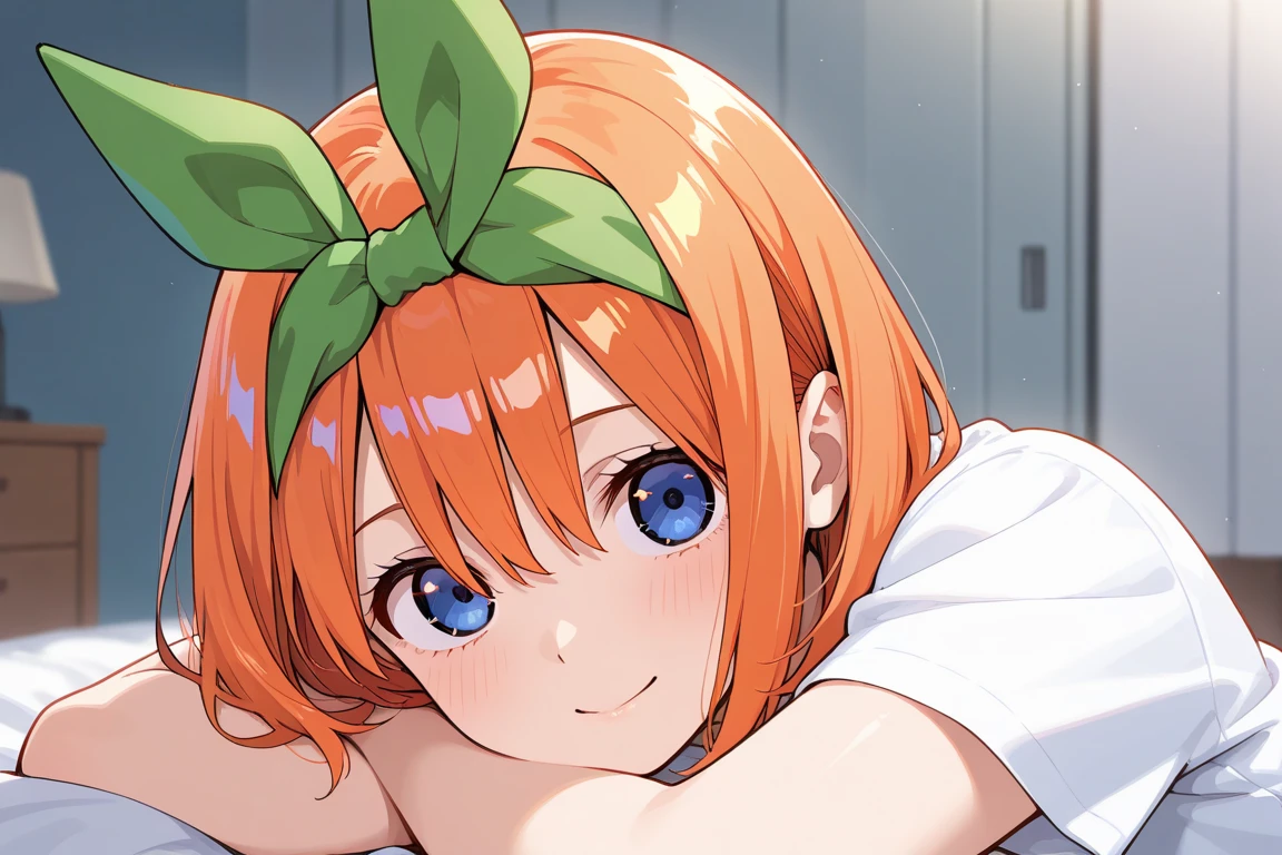  [Nakano yotsuba, nakano_yotsuba, aayotsuba, shoulder length orange hair, green ribbon] blushing, looking down, embarassed face, flustered, goofy awkward, extremely cute face, in love, dreamy eyes,  best quality)), extremely fine and beautiful, super fine illustration, top-quality、Official art、Beautifully Aesthetic:、vivid colours、colourful, HD Detail, Ultra Detail, soft Light, magical photography, intricate details, , sfw, , indigo eyes, masterpiece, 4k, ultradetailed,