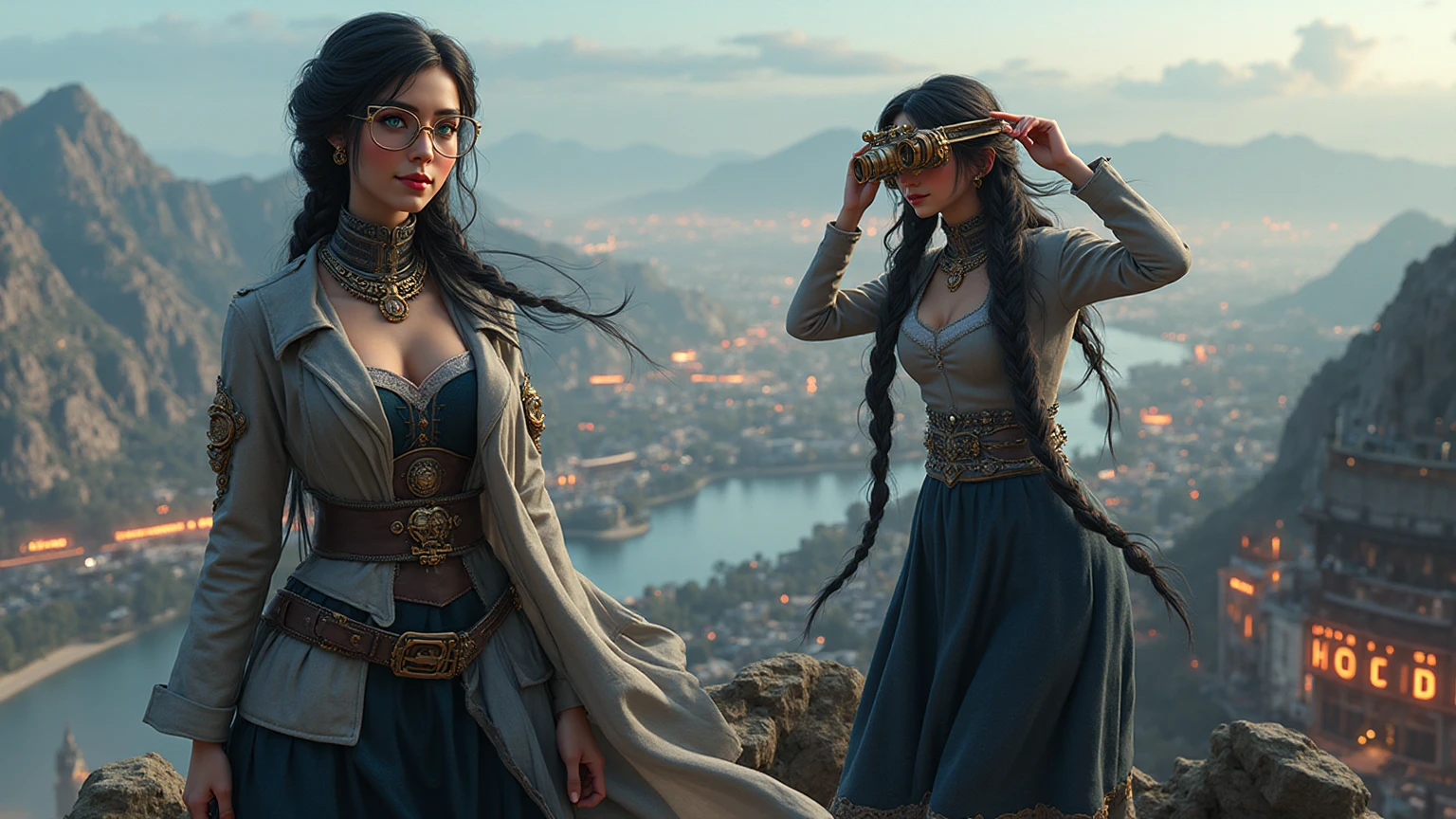 (HD, High definision), 
(3D, 3 Dimensional character),
(Victorian Steampunk Art),
A Beautiful 21 year old skinny woman,
Beautiful Big light blue eyes with long eyelashes,
Extremely long black hair, braided,
smooth flawless skin,
beautiful cute smile,
Wearing Glasses, detailed steampunk belt, detailed gold steampunk goggles,
Lab coat open at front that's blowing in the wind, Detailed dark blue and white Victorian style dress,
She is standing on top of a mountain looking through small copper steampunk style binoculars, 
she is looking down on a modern city in a valley with lots of illuminated signs,
