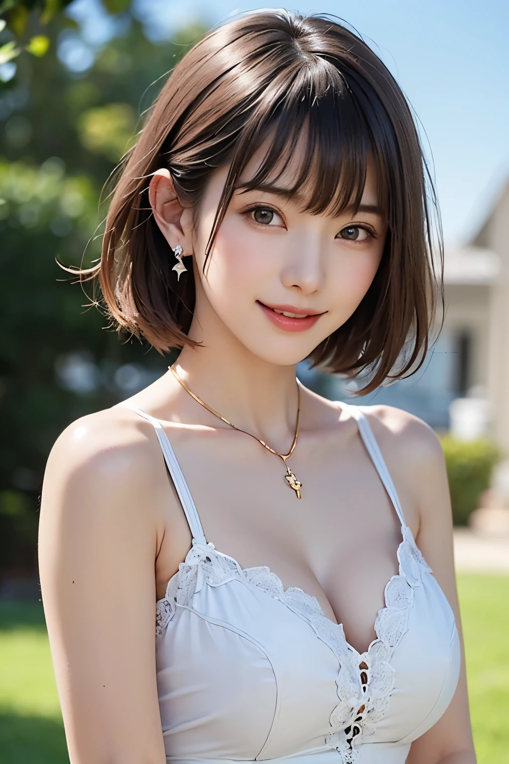 (highest quality、on the table、8K、best image quality、Award-winning work)、(young girl, 14 years old:1.3)、(white camisole:1.2)、(red eyeshadow:1.2)、perfect makeup、long eyelashes、Ultra HD Shining Eyes、ultra hd hair、ultra high resolution glossy lips、Super high resolution perfect teeth、Super high resolution cute face、brown hair、(very short straight hair:1.1)、look at me and smile、[clavicle]、accurate anatomy、tropical beach、(the moodiest warm light:1.2)、blurred background、have bangs、Super high-resolution glossy and moisturized face、Super high resolution glowing skin、The most delicate face、Ultra high resolution detailed faces、ultra high resolution hair、Super high resolution shining eyes、A beautiful face with detailed expressions、Super high resolution glossy red lips、big breasts、cleavage、fashion necklace、
