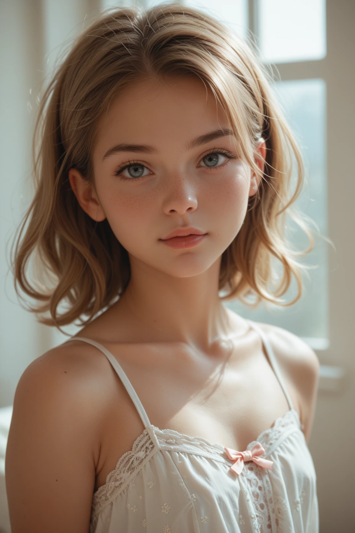 Highest quality, , Soft Light, Ultra-high resolution, (Realistic:1.4), RAW Photos, 1 Swedish girl, alone, Or a small face,Baby Face、 Sexy pose、(A shy smile:0.5), (Brown eyes, Light in your eyes), Beautiful face in every detail, (whole photo),(Updo),Swedish Dress（See-through）
