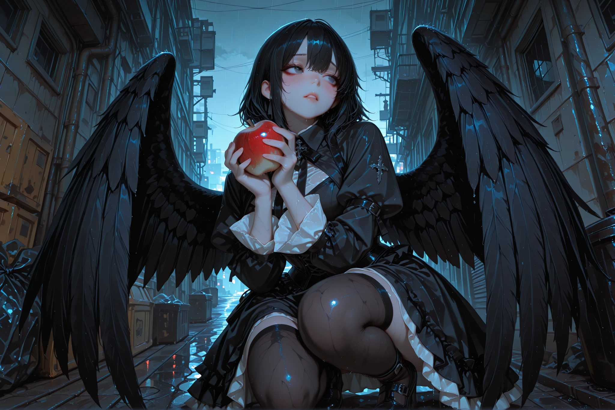 score_9, (masterpiece, best quality), 8k, 1girl, 18 years old, crow girl, crouching, thin but graceful, semi-real,big eyes,round eyes,tareme,black eyelashes,dark gray eyes,parted lips,
dark feathery wings, (gothic modern outfit:1.2), layered skirt, corset, sheer black thigh-high,feather details on sleeves and hem,looking side,
messy short black hair,pale skin,tired and sad expression, faint blush,(wet hair, water dripping from clothes),
(holding half-eaten apple:1.4), visibly chewed, rough bite marks,
(urban alleyway garbage area), trash bags, broken crates, (dark morning), faint dawn glow on buildings,rain,mist,
wet asphalt with reflections, cold color tone, soft rays of light in the distance,
realistic texture, gritty urban mood, perfect , five fingers,