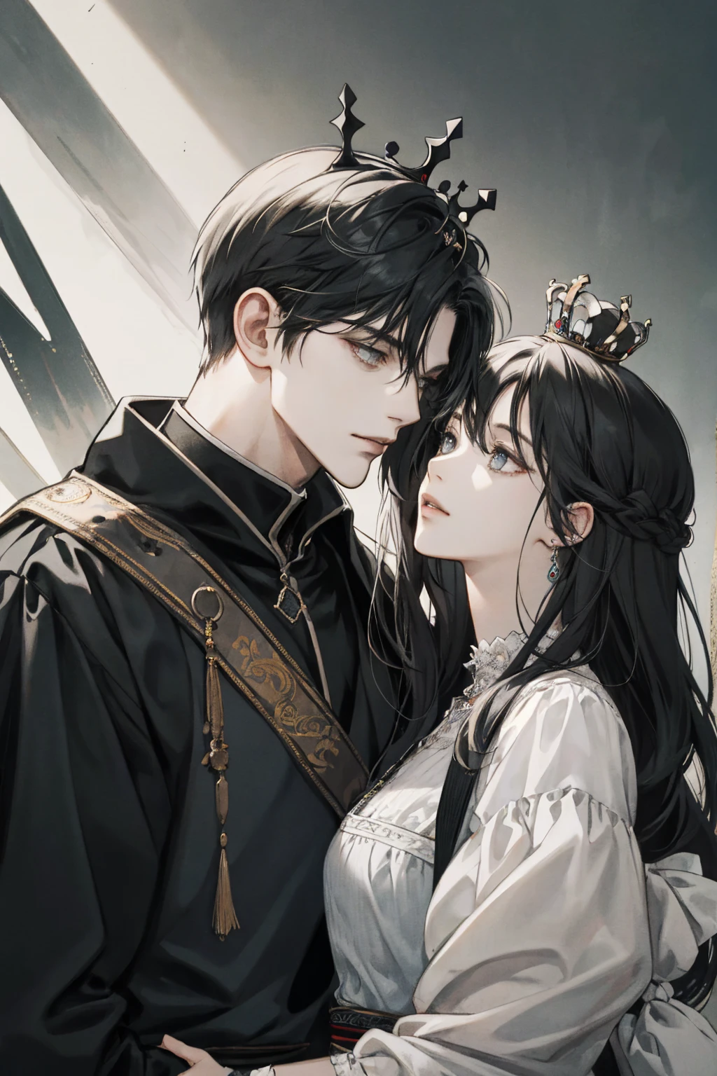 (8K, HighDynamicRange, Ultra-detailed)
(Masterpiece: 1.4, Best quality, Raw photo)
(Pin Light, Moonlight scene)

A heavenly, dark couple is captured in an intimate moment beneath the gentle glow of moonlight. The slender, slim girl's long, black hair cascades down her back in soft waves, framing her elegant, dark green queen dress with silver details. Her purple eyes, adorned with dragon pupils, gaze lovingly into her partner's eyes. A sensual kiss is exchanged, their lips meeting in a tender embrace, leaving a trail of lip gloss behind.

The imposing man,