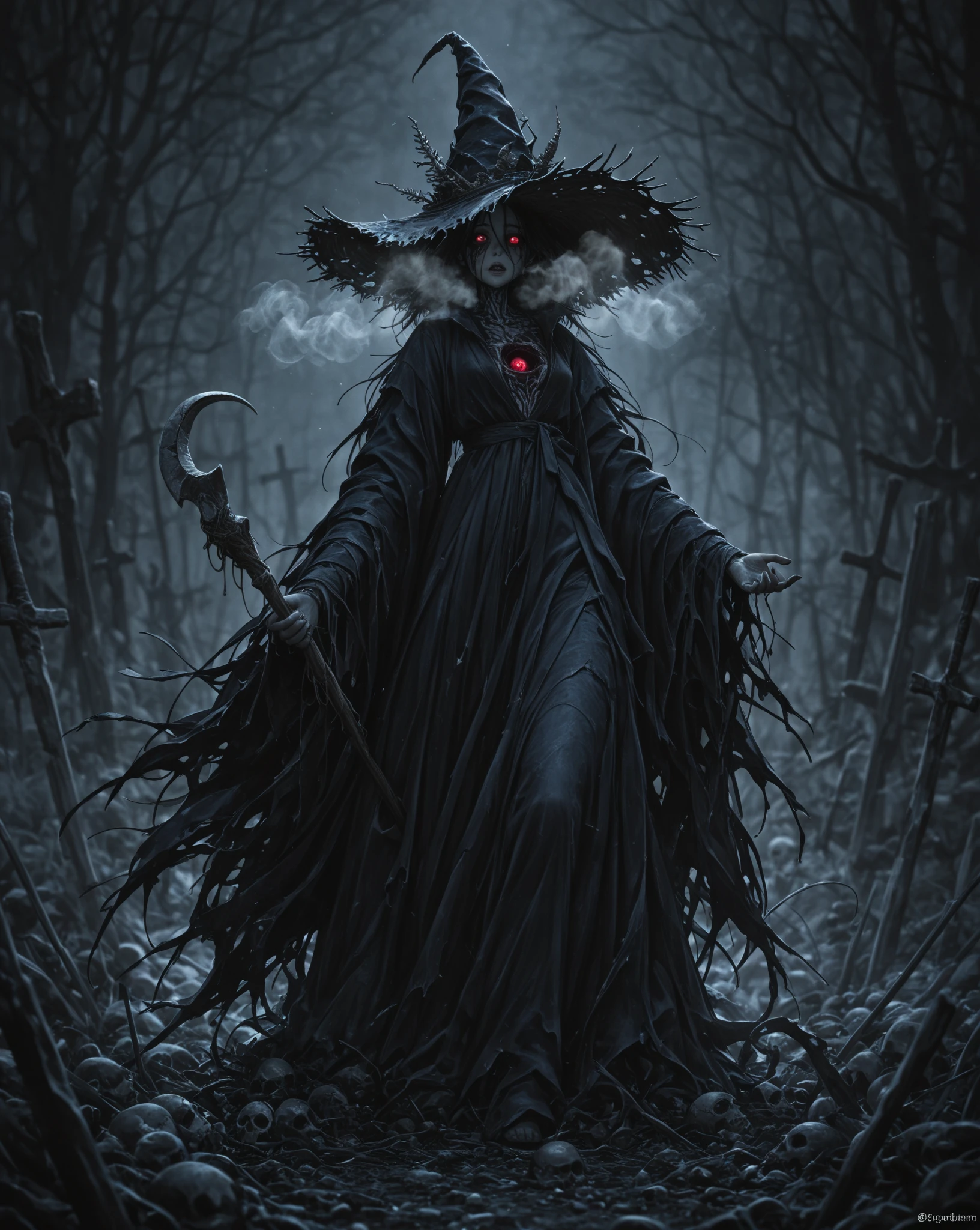 highres, best quality, concept art, official art, portrait, A witch in front of a full moon, Halloween, digital painting, horror, dark, spooky, moody, artstation, pixiv, by Ekaterina Savic and Barret Frymire