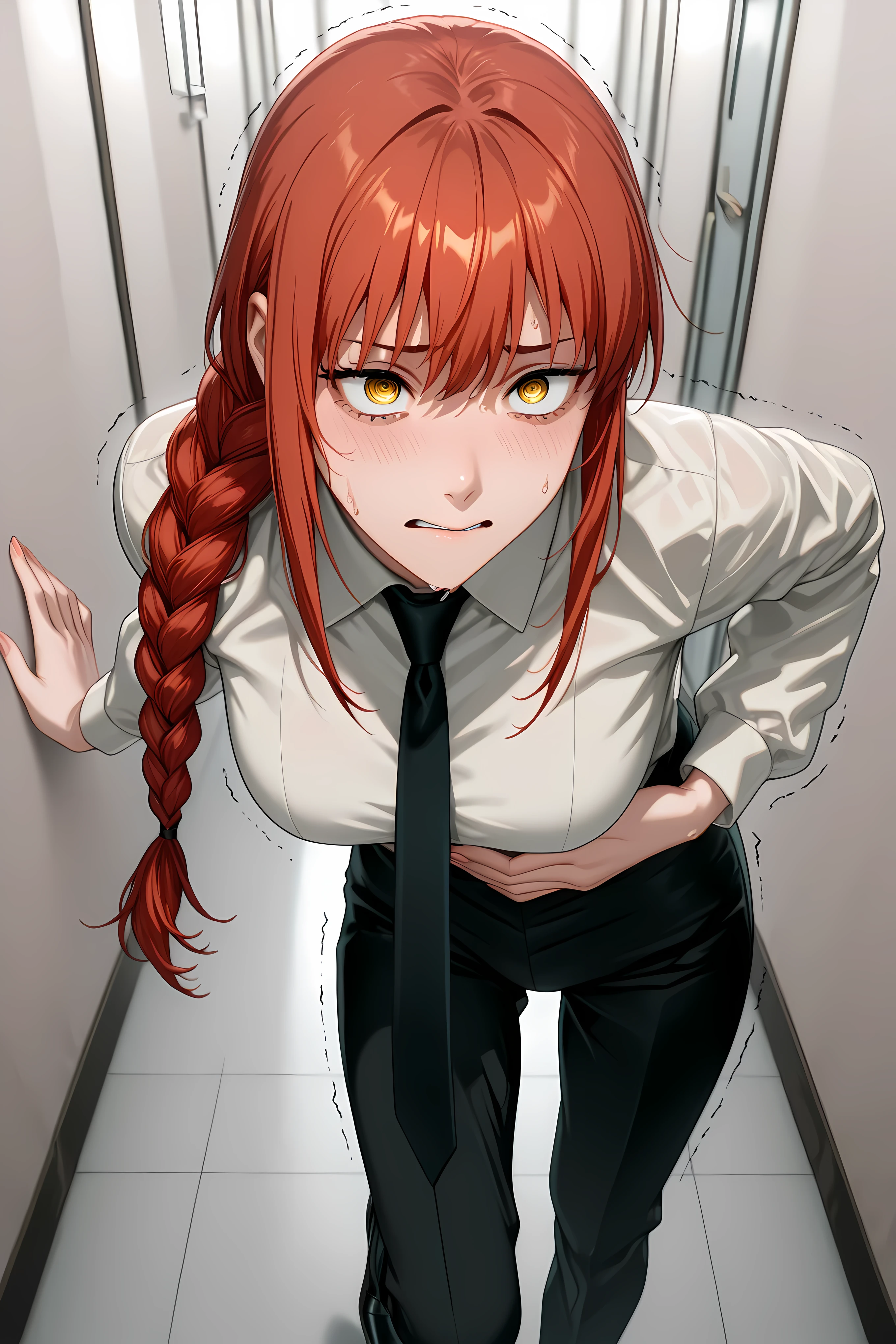 eye_focus, 1girl, solo, red hair, long hair, braided ponytail, sidelocks, yellow eyes, ringed eyes, medium breasts | black necktie, white collared shirt, shirt tucked in, long sleeves, black pants, shoes,
Solo, general, masterpiece, highres, ultra-detailed, hyper-detailed, best quality, amazing quality, very aesthetic, best hands, best eyes, best hand
adult woman, 1woman, hand on own stomach, sweat, leaning forward, nervous, scared, trembling legs, white apartment hallway