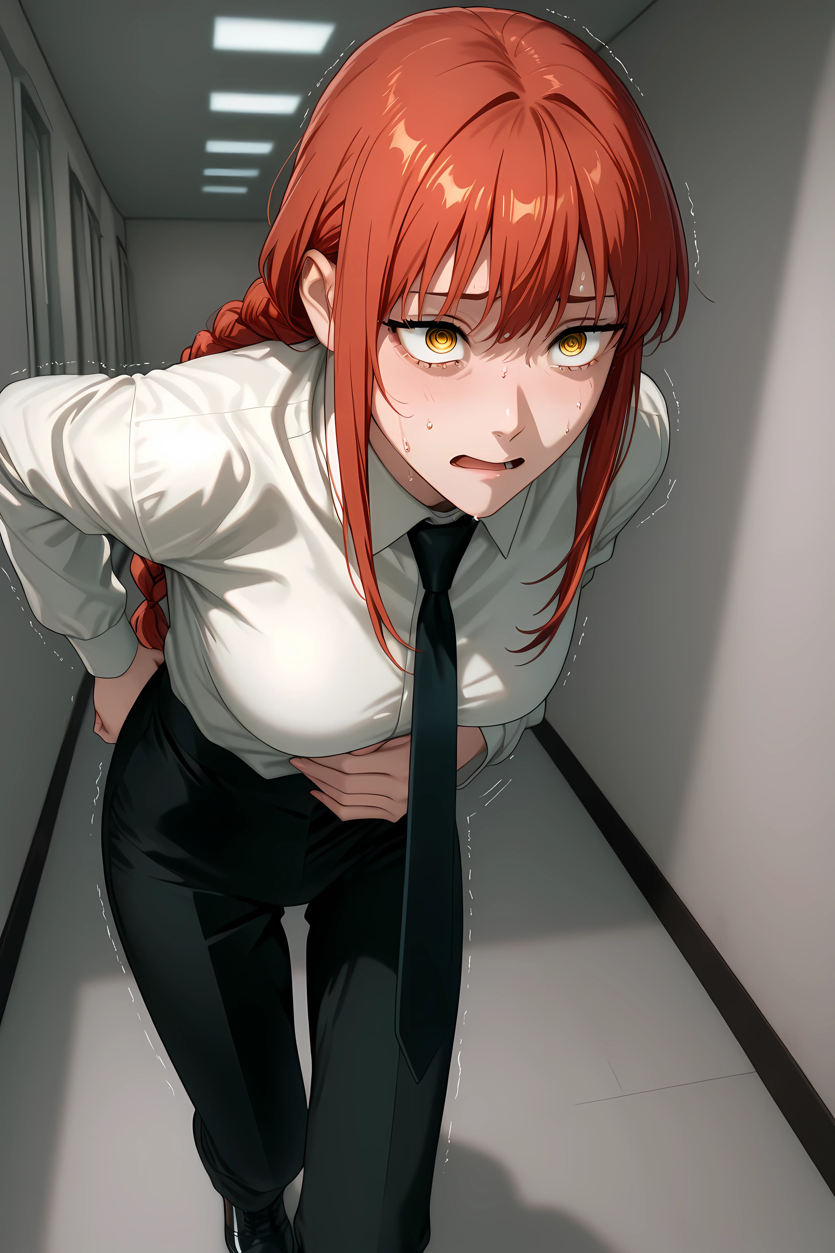 eye_focus, 1girl, solo, red hair, long hair, braided ponytail, sidelocks, yellow eyes, ringed eyes, medium breasts | black necktie, white collared shirt, shirt tucked in, long sleeves, black pants, shoes,
Solo, general, masterpiece, highres, ultra-detailed, hyper-detailed, best quality, amazing quality, very aesthetic, best hands, best eyes, best hand
adult woman, 1woman, hand on own stomach, sweat, leaning forward, nervous, scared, trembling legs, white apartment hallway
