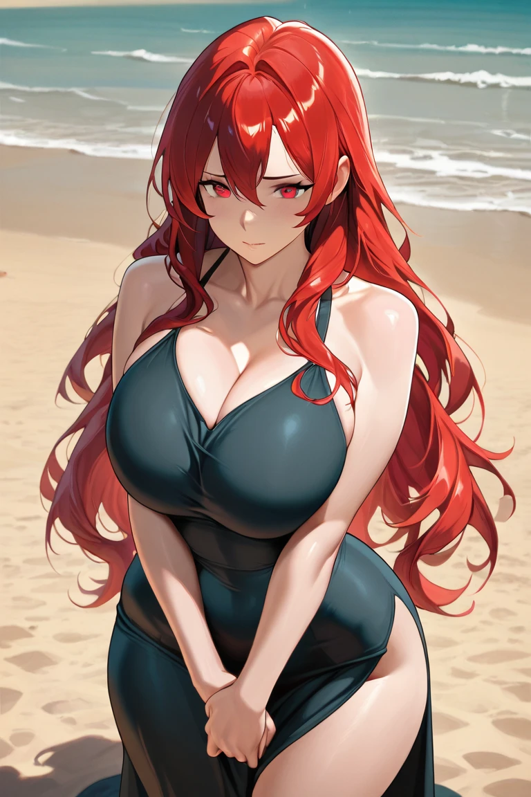 best quality, highres, absurdres, ultra-detailed, <lora:AdultErisV15-80:0.9>, AdultEris,, 1girl, red_hair, red_eyes, long_hair, huge_breasts, solo_focus, black bikini, cowboy_shot, beach, sand, sky