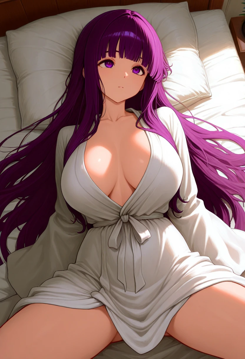 1 girl, red-purple hair, very long hair, violet eyes, beautiful eyes, big eyes, big lips, glossy lips, very curvy body, big breasts, long legs, big butt, wide hips, thick thights, defined image, seductive gaze, pijama, pretty pijama, pink pijama, bedroom, nighttime