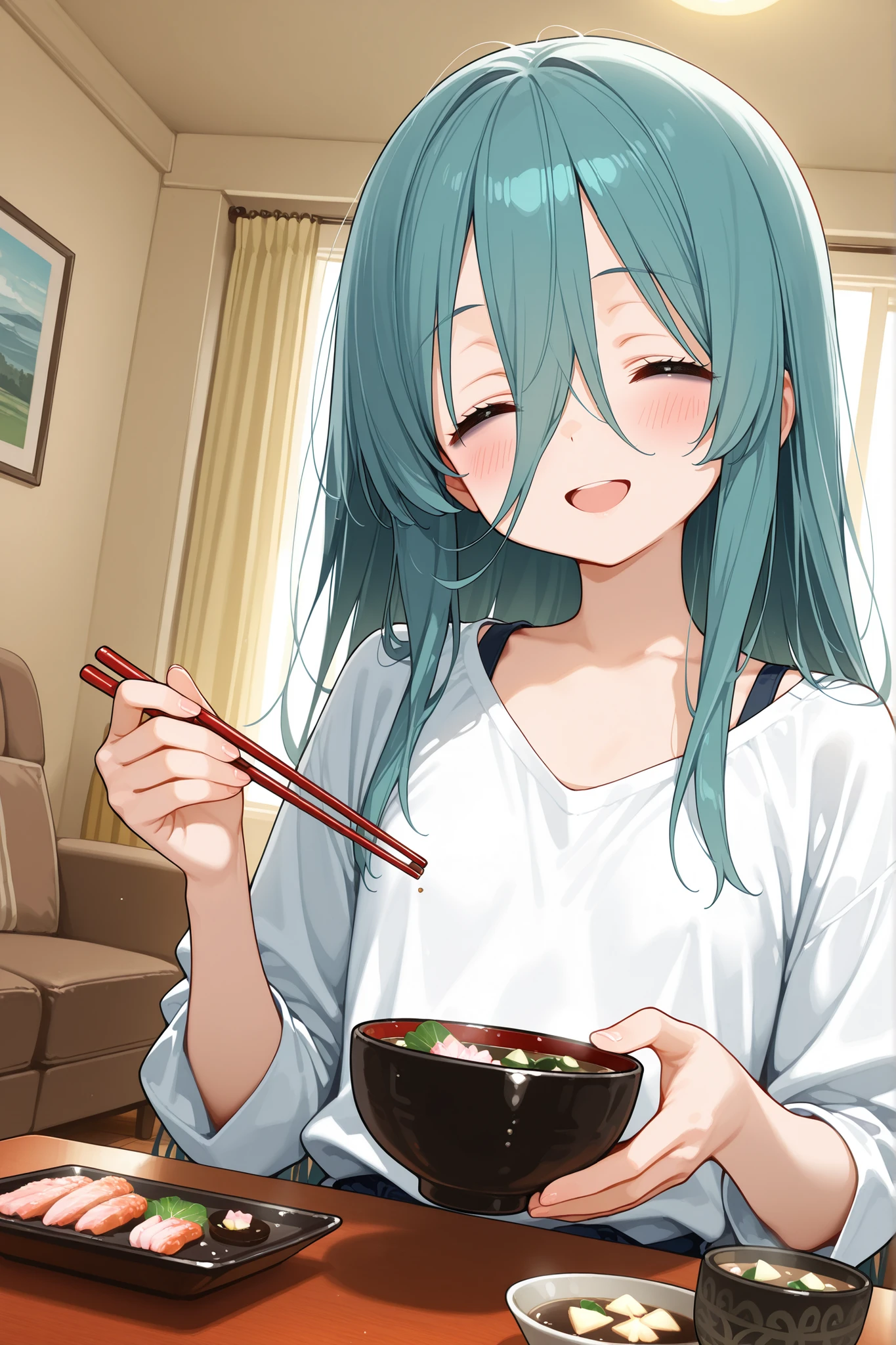 NSFW, 1girl, solo, character focus, close to viewer, front view, upper body, dutch angle, dynamic angle, (((living room))), (((dining room))), Holding a bowl of miso soup, sitting, (miso soup), holding chopsticks, Empty chopsticks, There is nothing in the chopsticks, loose shirt, blush, happy smile, open mouth, closed eyes, aqua hair, long hair, tareme, bags under eyes, long bangs, flat chest, expressionless, soft lighting, high detail, anime style, {animated painting}, {{{{{five hand fingers}}}}}, {{{{{4fingers and 1thumbs}}}}}, {{{high resolution}}}, {{{best quality}}}, {{ultra-detailed}}, {illustration}, {{an extremely delicate and beautiful}},