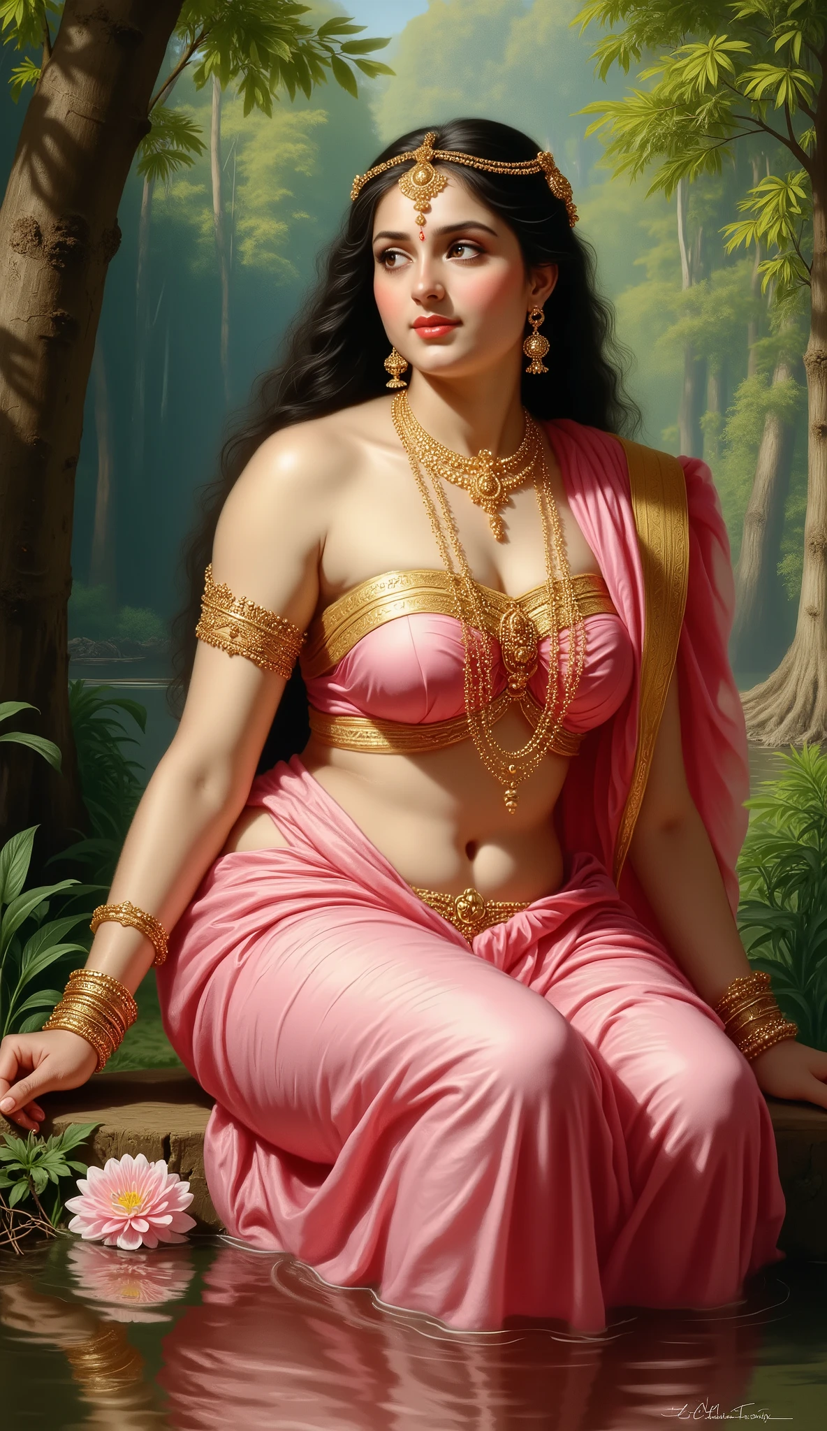 Full hd elegant picture of a hindu mythology Apsara wearing pink wet saree and half sleeves blouse sitting in very beautiful forest at the bank of river