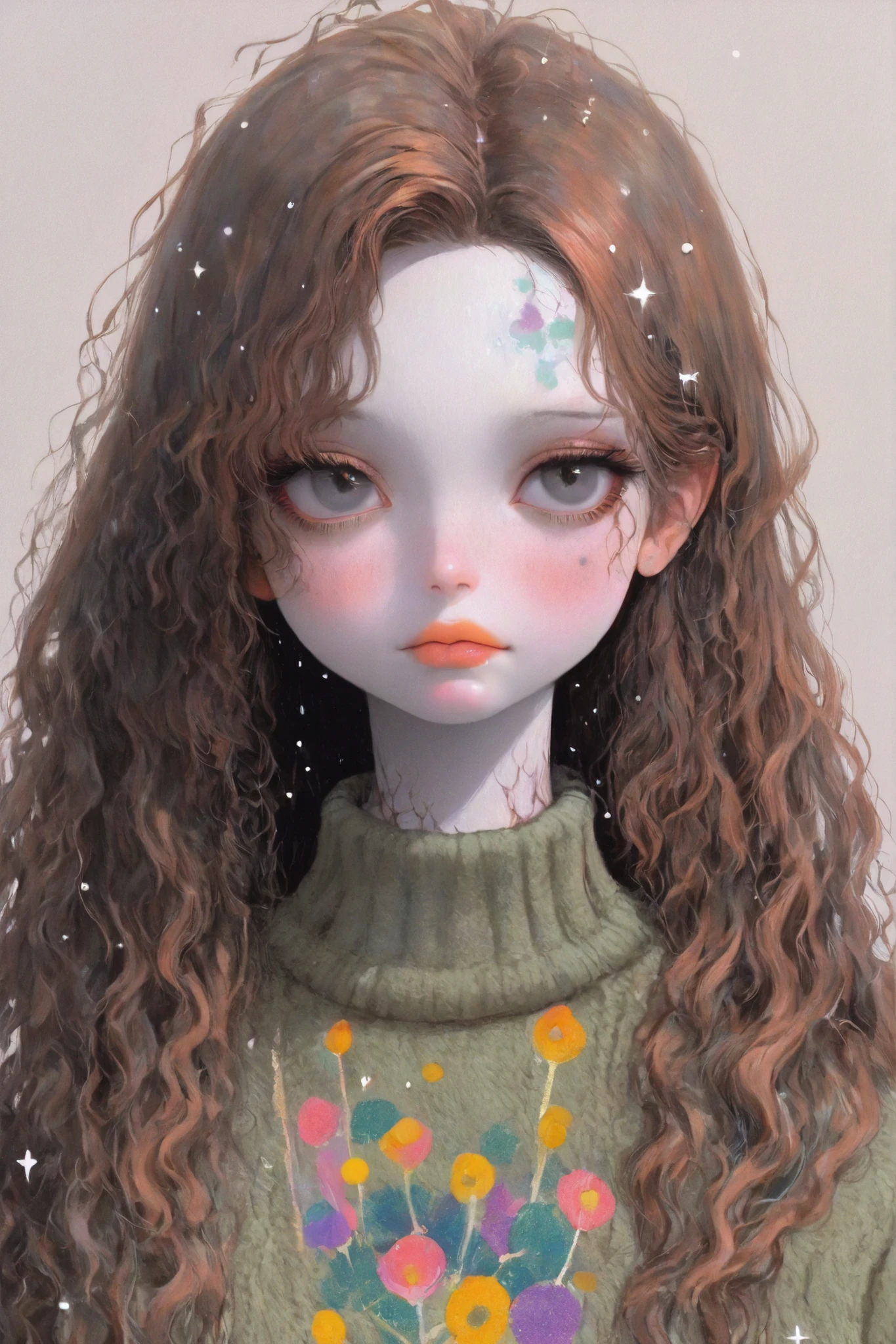 Girl, long wavy and falling brown hair, dark gray eyes, sharp features, white skin, lip gloss, beautiful, perfect, wearing an olive sweater, delicate art, bright colors, . High quality resolution .