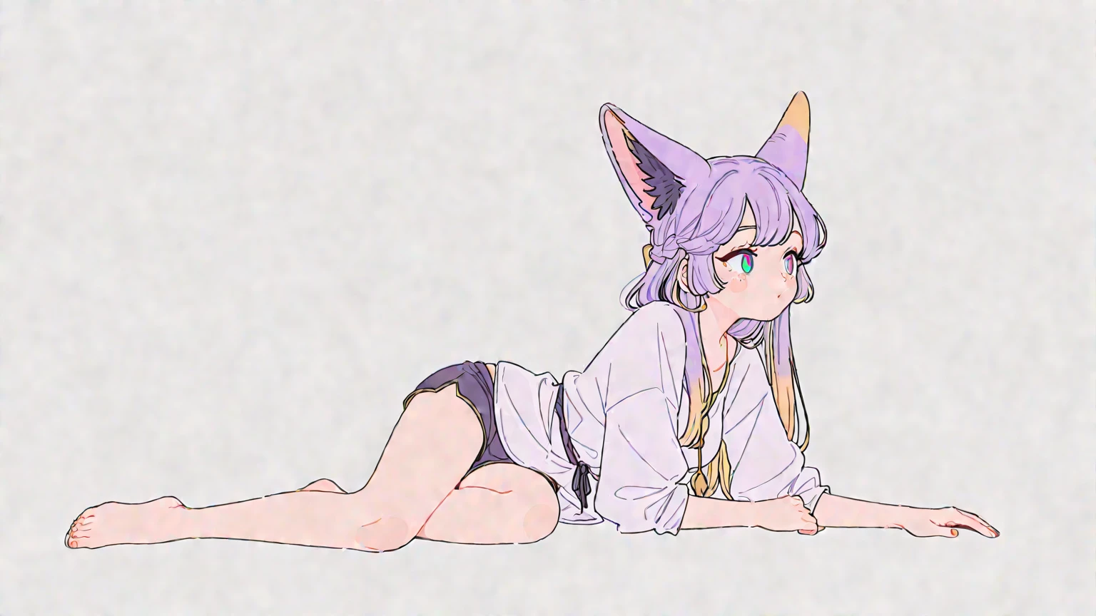 , score_9,score_8_up,score_7_up, source_cartoon, kemono style, an Anthro furry albino lynx girl, white furry body, black spots on fur, black ear tips, short white hair with pink tips on hair, pink highlights in hair, pink eyes, wearing black underwear, seductive, on her knees, full body shot, feet paws, 4 toes, biting her shirt