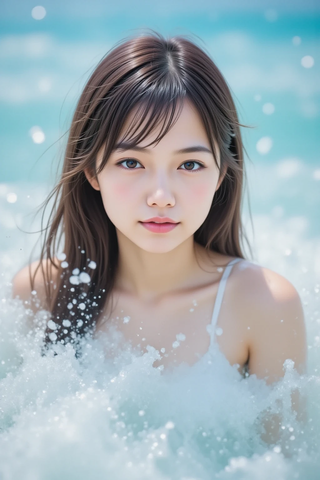 (Best-quality, Masterpiece, Ultra-High-Resolution, (Photorealistic:1.4), Raw Photo, depth of field, professional lighting, perfect , extremely details), 1girl, 15-years-old, the most famous Japanese idol, ((having a lot of fun in the sea, innocent smile)), wearing bikini with cute-design, ((extremely cute wet-face drenched with seawater, ((extremely cute and extremely big realistic-eyes), extremely cute wet-hair drenched with seawater, extremely beautiful wet-body drenched with seawater)), extremely cute long-eyelashes, (detailed sea, detailed splash, detailed wet-hair, detailed wet-face, detailed wet-body)