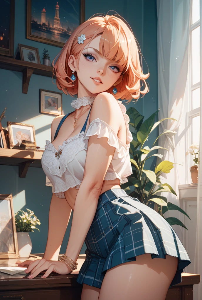 (Masterpiece), Best Quality, ultra-detailed, 1girl (Gwendolyn_Tennyson, lovely small breasts, neck choker, orange hair, short hair, green eyes, half-closed eyes),a come-hither face, mascara, full makeup, dark eyeshadow, red lipstick , parted lips, nose blush, blush, facing viewer, looking at viewer, solo, white shirts, cleavage, red lace bra , pleats skirt,pink skirt( pattern black), ultra mini skirt, skirt lift, red lace panties,loose socks, in the classroom, night time, standing, come-on, lure,skirt lift, Sexy waist teasing, love juice flows out of her pussy
