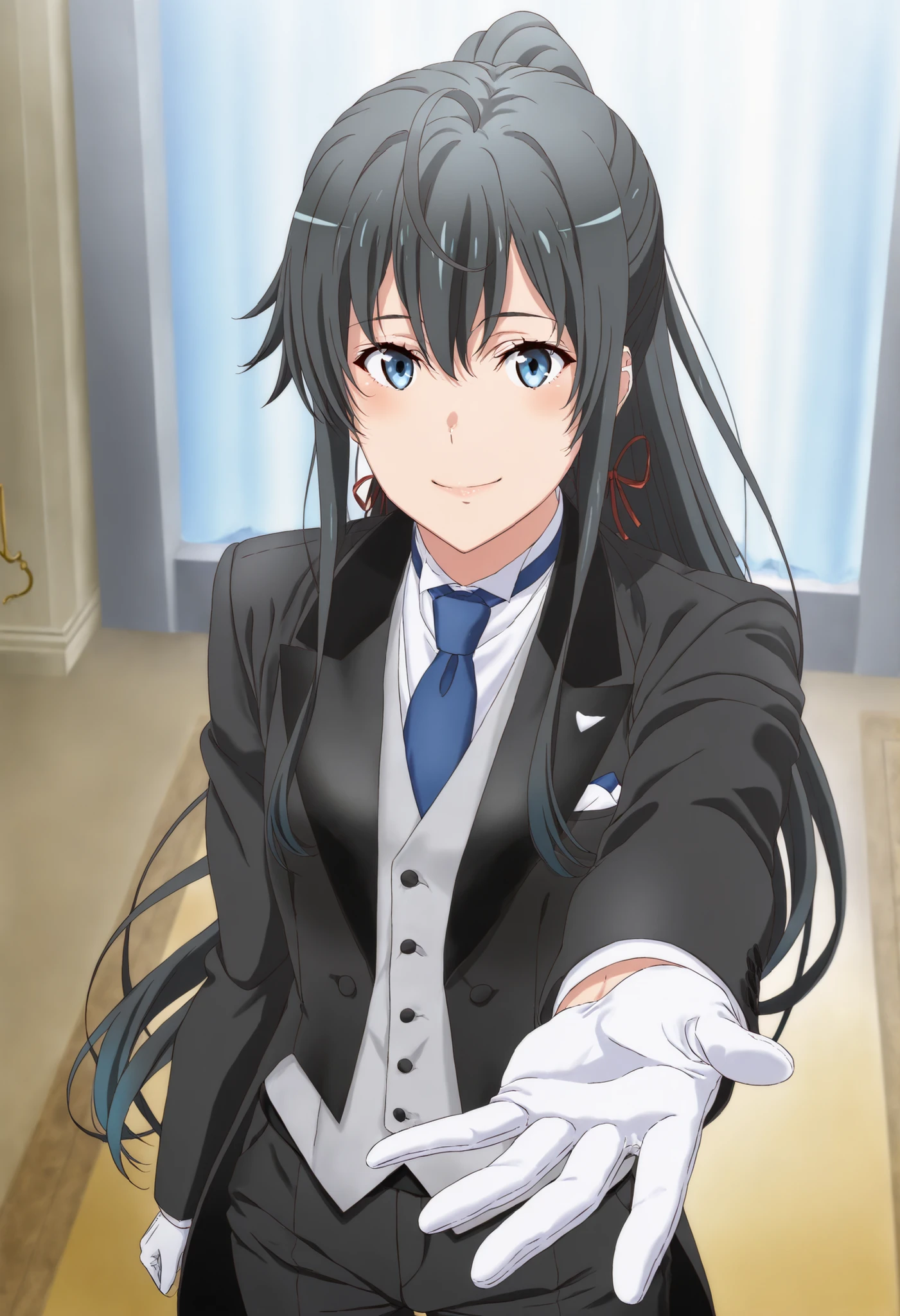 1girl, solo, yukinoshita yukino, blue eyes, black hair, long hair, ponytail, tuxedo tailcoat, butler, blue necktie, black pants, gloves , standing, reaching at viewer, smile, close mouth, elegant pose , handsome girl ,1girl, solo, yukinoshita yukino, blue eyes, black hair, long hair, ponytail, tuxedo tailcoat, butler, blue necktie, black pants, gloves