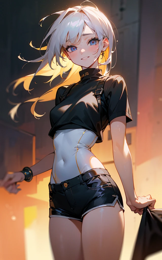 optimal，masterpiece，high resolution，best quality，Ultra HD，Very detailed，The award-winning，16K，Solitary，（Upper Body），Correct anatomy，Beautiful cyberpunk girl，Cowboy shooting、Cute face，，Blonde、Long hair、Double tail、Weaving, hairline，（（Scarlet eyes）），Long eyelashes，Drooping corners of the eyes，White skin，((Shot from below)), ((t-shirt:1.5)), Clock top、((Clear nipples))、Rocket , (Large Breasts),（because I'Thin），