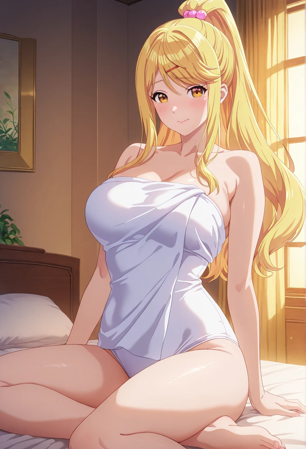 (POV Across Bed : 1.4), lying on bed, gold bikini, (indoor), sarielx, anime cels style, best quality, high resolution, 1girl, (huge breasts:1.2), beautiful face, cowboy shot, heterochromia, god rays, braided bangs, long hair, smiling, happy face, blushing, looking at viewer