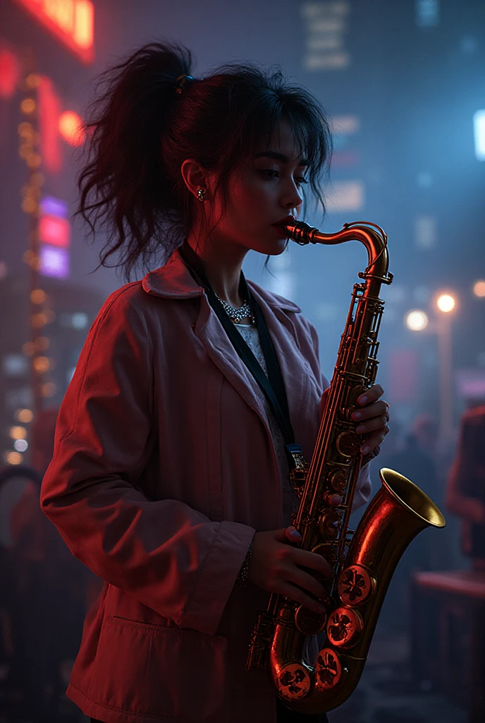 a woman playing a trumpet。White、20th Generation。covered in bright pink and orange neon rays、I'm wearing a white with a futuristic design。the hair is arranged slightly to the left in the center of the frame。The skin is smooth、with a geometric pattern drawn、it seems to be integrated with the 。the face has a gentle expression、looking straight ahead。Slender、A well-trained figure。 slightly irritated、the is deeply open。long black nails on the fingertips。A woman's body 、I'm wearing a white with a futuristic design。the reflection and contrast of light、enhances the digital atmosphere and futuristic design。The atmosphere is cool,、 Stylish 。
New Tokyo 2087、Ruins of the Quantum Club、The trumpet glows on the broken stage。Neon shards float in the fog、trumpet lights up the rubble。the beat of the house echoes from a distance、jazz melancholy fills the air。On the wall「Dancing Through Dimensions」sharp nails on fingertips。