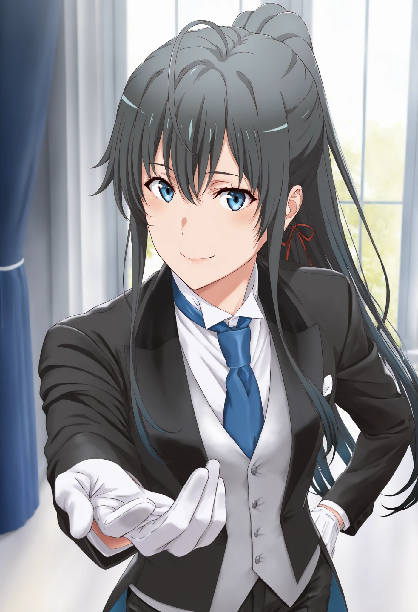 1girl, solo, yukinoshita yukino, blue eyes, black hair, long hair, ponytail, tuxedo tailcoat, butler, blue necktie, black pants, gloves , standing, reaching at viewer, smile, close mouth, elegant pose , handsome girl ,1girl, solo, yukinoshita yukino, blue eyes, black hair, long hair, ponytail, tuxedo tailcoat, butler, blue necktie, black pants, gloves