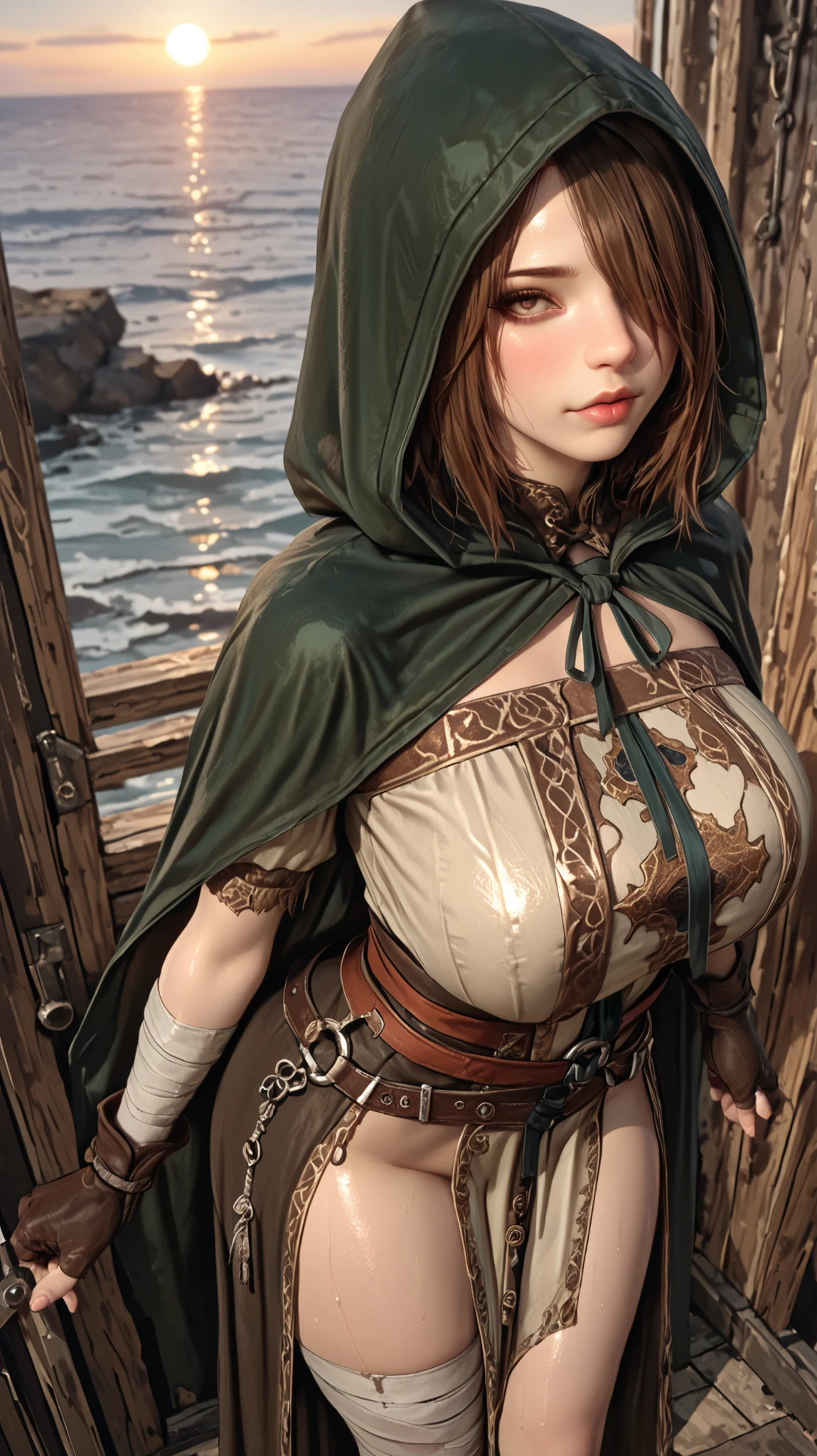 Perfect Anatomy), masterpiece, ultra high quality, 16k, masterpiece, higher quality, Ultra-high resolution, maximum resolution, ultra detailed, professional lighting, anime, so beautiful, Highly detailed 16k eye, Highly detailed face, Hyper-realistic eyes, Pretty Eyes, best quality, pretty face, attractive face, detailed facial test, Rotulo2, seductive face,(extremely detailed and high-quality illustration),(best lighting and shading effects, high detail), 1 girl, alone, high resolution, masterpiece, best quality, detailed CG, detailed face, detailed skin, blushing, shiny, masterpiece, best quality, absurdres, highres, extremely high detail, EmeraldHeraldXl11, Brown hair, brown eyes, hair over one eye,,hooded cape, dress, gloves, belt, bandaged arm, bandaged legs, green hood, dress, heels, fingerless gloves, big tits, big butt, thick thighs, dark souls 2, A melancholic and desolate coastal village, perched on the edge of a vast ocean glowing under the sunset, <lora:Shexyo IXL4-000044:1>, focus face, close view, large breasts, (from above1:2), huge breasts, sexy, hot, nsfw, seductive face, looking viewer, sideboobs