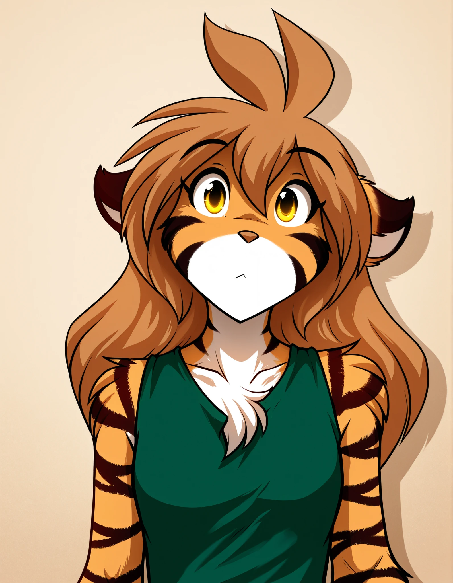 ,, furry, solo, flora-twokinds, flora_twokinds,, tiger, striped fur, keidran, yellow eyes, anthro,, green shirt