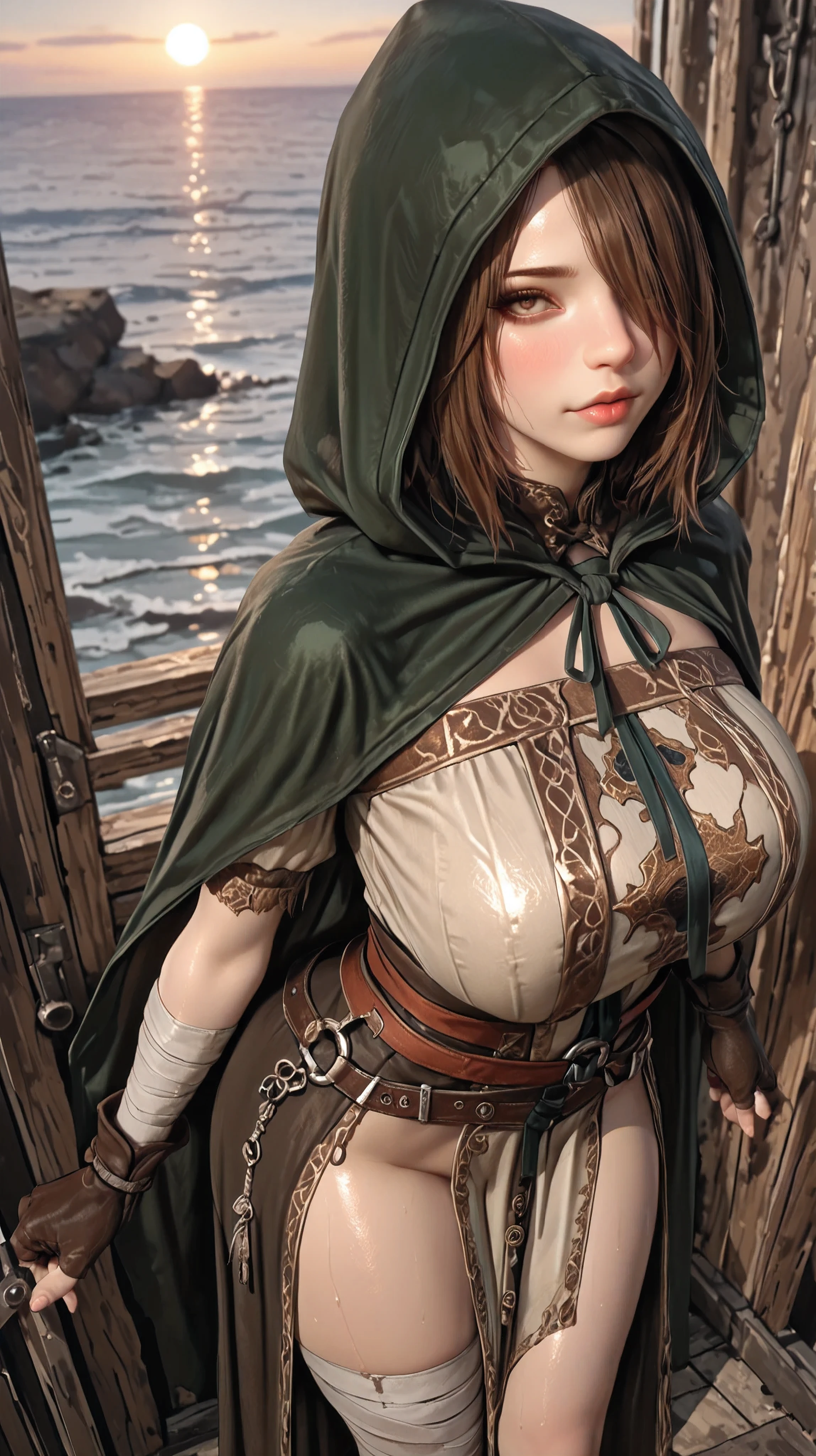 Perfect Anatomy), masterpiece, ultra high quality, 16k, masterpiece, higher quality, Ultra-high resolution, maximum resolution, ultra detailed, professional lighting, anime, so beautiful, Highly detailed 16k eye, Highly detailed face, Hyper-realistic eyes, Pretty Eyes, best quality, pretty face, attractive face, detailed facial test, Rotulo2, seductive face,(extremely detailed and high-quality illustration),(best lighting and shading effects, high detail), 1 girl, alone, high resolution, masterpiece, best quality, detailed CG, detailed face, detailed skin, blushing, shiny, masterpiece, best quality, absurdres, highres, extremely high detail, EmeraldHeraldXl11, Brown hair, brown eyes, hair over one eye,,hooded cape, dress, gloves, belt, bandaged arm, bandaged legs, green hood, dress, heels, fingerless gloves, big tits, big butt, thick thighs, dark souls 2, A melancholic and desolate coastal village, perched on the edge of a vast ocean glowing under the sunset, <lora:Shexyo IXL4-000044:1>, focus face, close view, large breasts, (from above1:2), huge breasts, sexy, hot, nsfw, seductive face, looking viewer, sideboobs