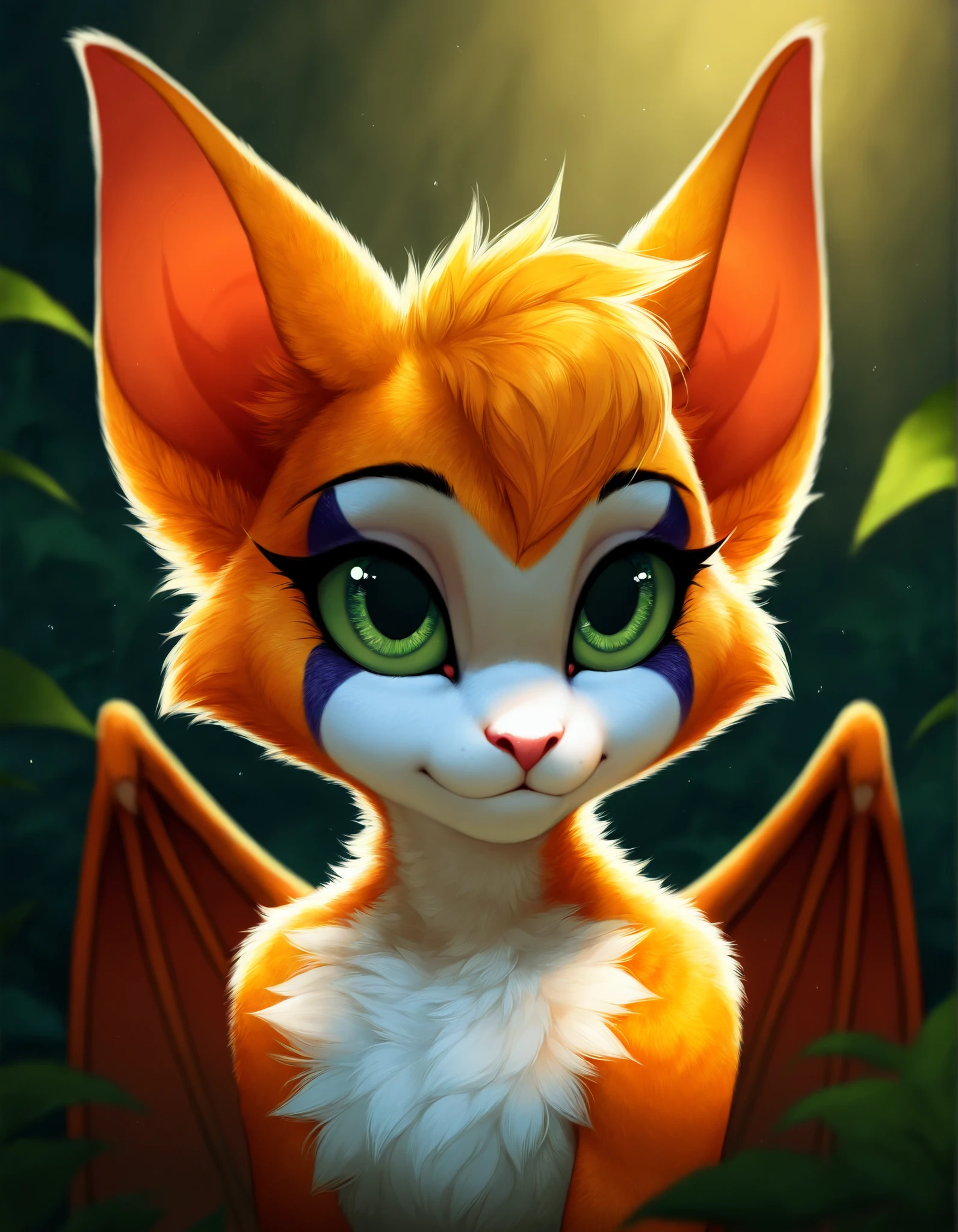 ,, masterpiece, best quality, very aesthetic, (1girl:0.7),, (solo:1.3), furry, fidget \(elysian tail\), nimbat, fidget_daet, anthro, furry female, wings, tail, green eyes, colored sclera, bat wings, facial markings, orange fur, white fur, two-tone fur,membranous wings, fluffy, portrait, big eyes, young, BREAK, masterpiece, best quality, high quality, particles effect, [:by Desubox:0.15], [:by Anchee, by Snowskau:0.55], detailed background, detailed foreground, subtle shadows, depth of field, backlighting, plant, nude