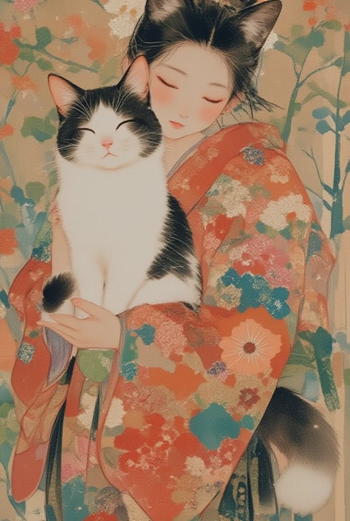 Girl with Cat, by Tsukasa Hojo, best quality, masterpiece, very aesthetic, perfect composition, intricate details, ultra-detailed