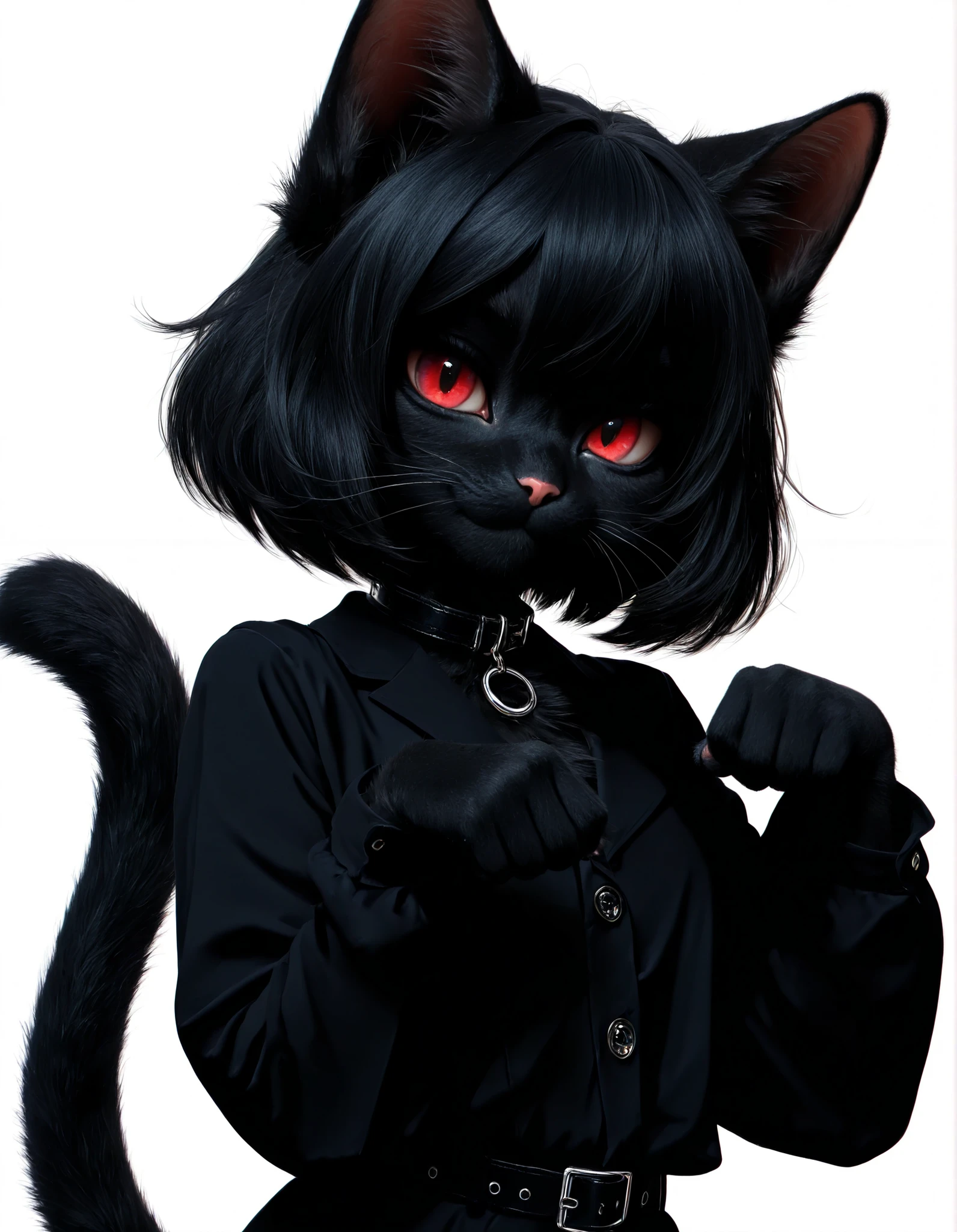 ,, masterpiece, best quality, very aesthetic, 1girl, solo, white background, looking at viewer, portrait, paw pose, :3, furry female, cat girl, animal ears, black hair, short hair, black skin, red eyes, cat tail, black jacket, buttons, long sleeves, black belt, collar, masterpiece, best quality,
