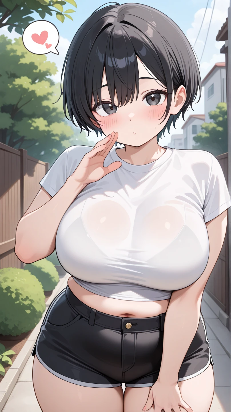 1girl,( nipples:1.2),sidenips,nipple slip,from side, camisole, <lora:sidenips_v24a:1>,looking at viewer, smile, (leaning forward:1), shorts, large breasts, hanging breasts,, best quality ,masterpiece,
