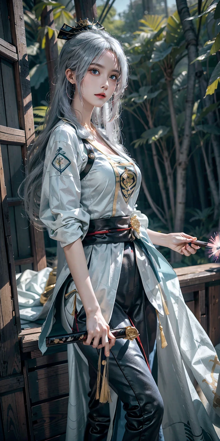 photorealistic, high resolution, soft light,1women, solo, up, (detailed face), nami \(one piece\), tattoo, jewelry,long_hair, fireflies, light_particles, pine_tree, snowflake_background, milky_way, aerial_fireworks, headdress, arms behind body, blue_eyes, katana