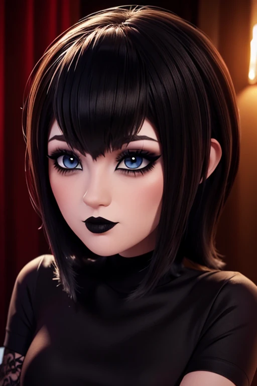  chibi girl, Blue eyes ,gothic makeup, big and heavy , , red lipstick ,looking at the viewer stunning  shoulders 