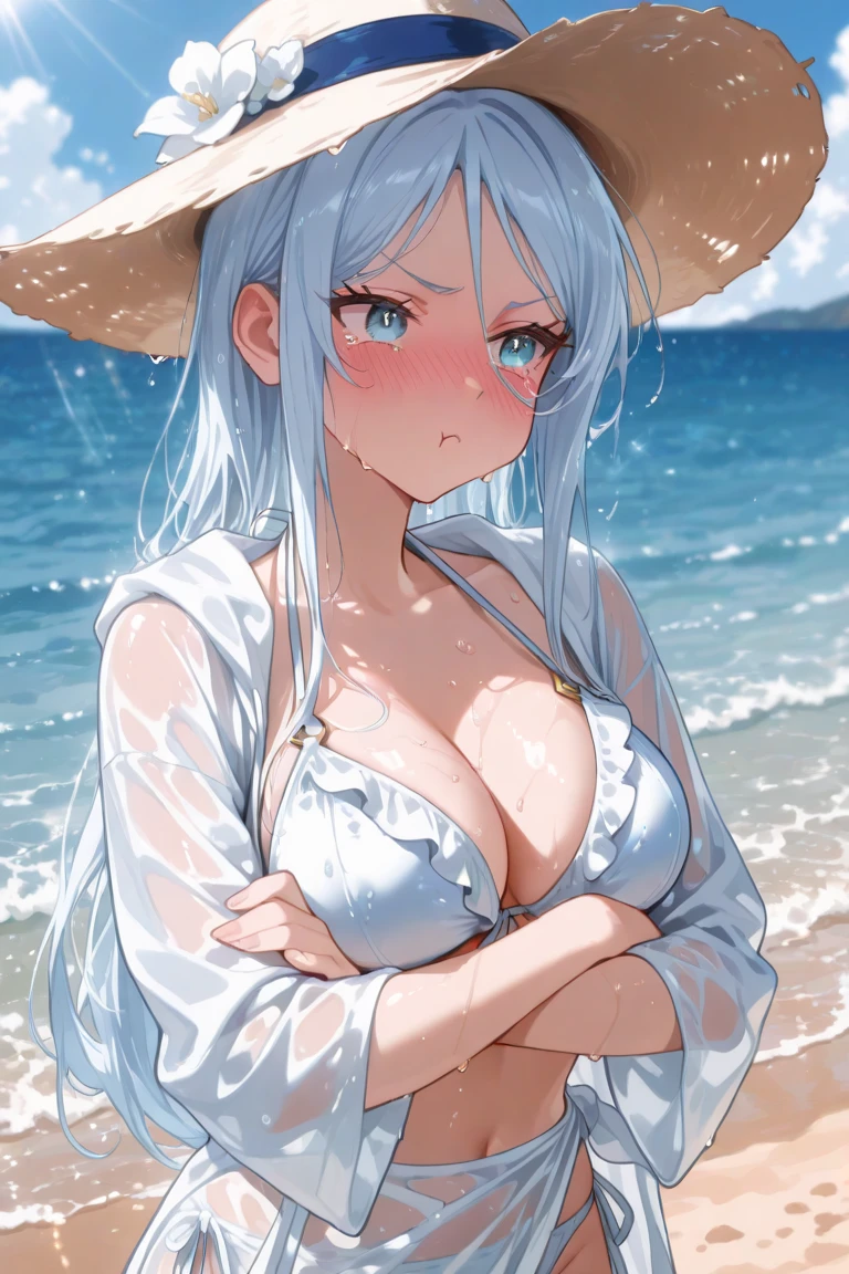 fubukibeach,blue bikini,bikini skirt,white cardigan,white hair,single side braid,<lora:shirakami_fubuki_9_outfits:1>,fox tail,at a luxury hotel spa,