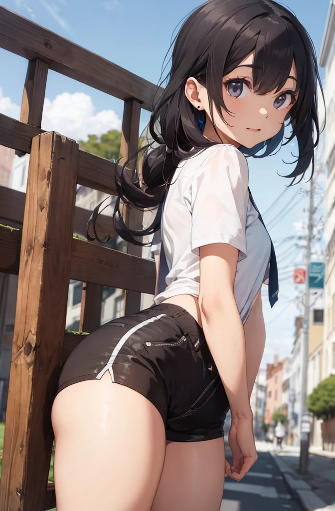 very cute and beautiful girl,(highly detailed beautiful face and eyes:1.2), nsfw, huge breasts, (sailor school uniform), (navy blue pleated mini skirt:1.15), (looking back, from behind),leaning forward, from below, (white panties, lift skirt, pantie shot, blush,) (town overview), detailed landscape, black hair,(best quality,masterpiece:1.2),intricate details, extremely detailed,8k resolution, solo, natural lighting, hair fluttering in the wind,