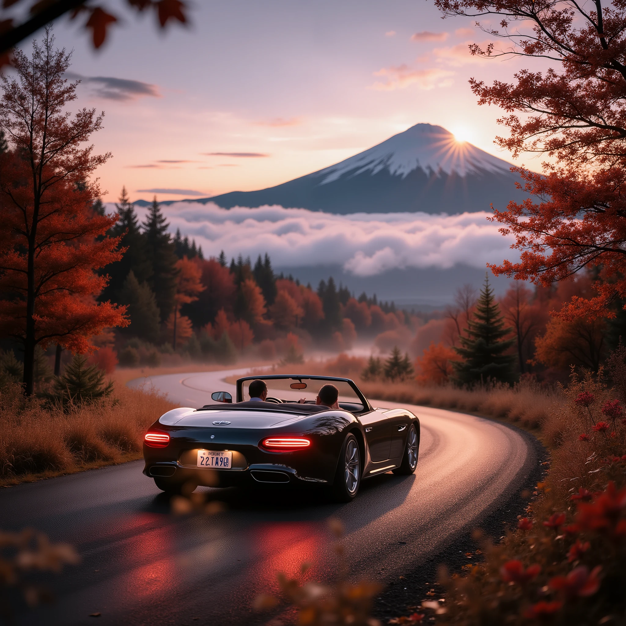 driving for fall foliage hunting on a date、couple happily riding in the highest-grade convertible car、The highest-grade luxury car、Bright red leaves can be seen on the scenic mountain々Bright red leaves can be seen on、Early morning weather shrouded in fog,A realistic balance、Fuji's Winding Road、The license plate on the car doesn't say anything
