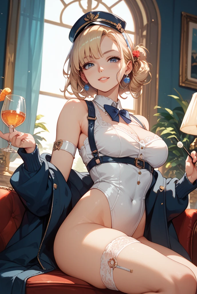 (masterpiece:1.3, top-quality, ultra high res, ultra detailed), (realistic, photorealistic:1.4), beautiful illustration, perfect lighting, natural lighting, colorful, depth of fields, nfsw, 
looking at viewer, 1 girl, japanese, 15 years old, perfect face, (perfect anatomy), cute and symmetrical face, baby face, shiny skin, 
(long hair:1.7, side ponytail:1.5, blonde hair), hair between eyes, red eyes, long eye lasher, (large breasts:0.8, seductive thighs, big ass), 
beautiful hair, beautiful face, beautiful detailed eyes, beautiful clavicle, beautiful body, beautiful chest, beautiful thigh, beautiful legs, beautiful fingers, break, 
((blue playboy bunny)), collar, cuffs, pantyhose, high heels, 
(beautiful scenery), day time, (bar counter), squatting, hand on chest, (seductive smile, upper eyes), 