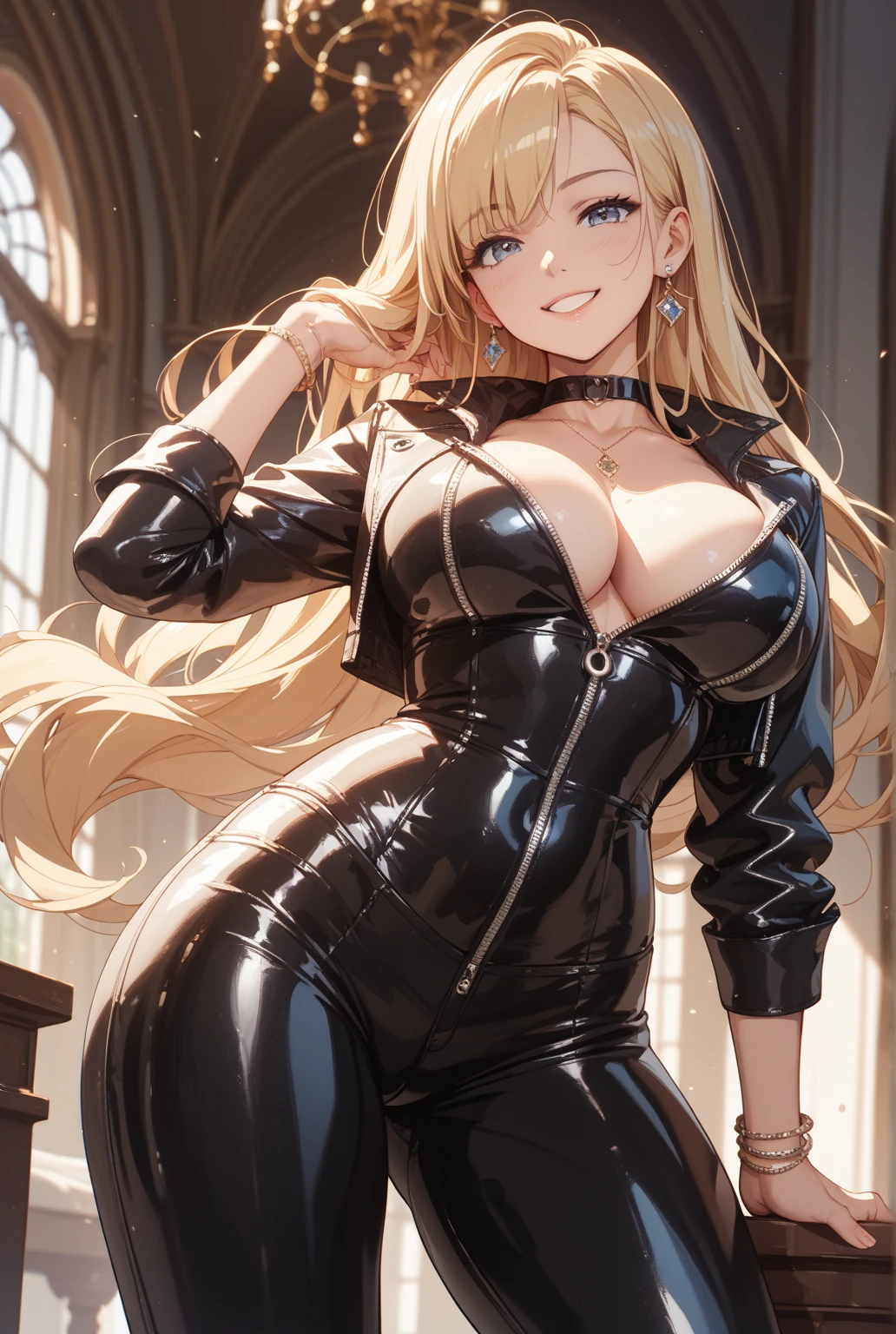 Masterpiece, Superior image quality, high resolution, 4k image,photo and gross, photorealistic, whole body, 1 young blonde of 15 years, walking, {{{vagina}}}, big breasts, beautiful face, long blonde hair, Blue eyes, very detailed eyes, pink cheeks, happy expression, draw smile with open mouth, choker:1.6, (white collar button down long sleeve shirt), black gloves, gloves that cover hands, (black leather corset), (shiny black leggings), Sensual Lips, show details in the eyes, View from the front, looking at the viewer, walking en una aldea medieval de fondo, at daytime