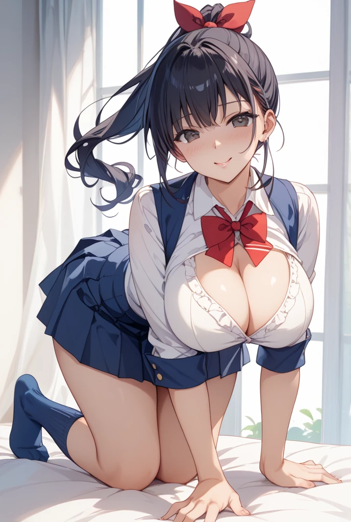 Solo, Delicate face, cleavage of the breast, Tartan check, Music room, Top angle, uniform, Light blue underwear, Sweat, Thin, With my mouth wide open, Tongue out, white yogurt for breast and tongue, White liquid all over the chest and tongue, Frontal shot, Woman with upper eyes,lovelive,NSFW,Niko Yazawa,grnades breasts,Grabbing,breast hold,Grab your own chest、Twin-tailed