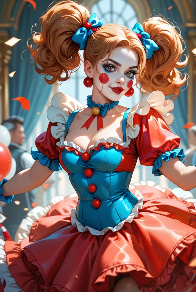Masterpiece, high quality, 4K, beautiful design, shiny, from the front, award winning photo, extremely detailed, amazing, fine detail, absurdres, highly detailed woman, extremely detailed eyes and face, by lee jeffries nikon d850 film stock photograph 4 kodak portra 400 camera f1.6 lens rich colors hyper realistic lifelike texture dramatic lighting unrealengine trending on artstation cinestill 800 tungsten, solo, 1girl, smiling, laughing,excited,sexy,
<lora:Clussy:0.8>, (clussy, a woman dressed in a costume with a clown face , wearing clussy, red clown nose:1.25),
<lora:Burlesque:0.8>, burlesque, a woman in a blue corset and black stockings, (((fishnet stockings))) ,woman wearing a burlesque outfit, garter belt, see through frilly dress, sleeves, ((embroidery)),small feather hat, ribbon